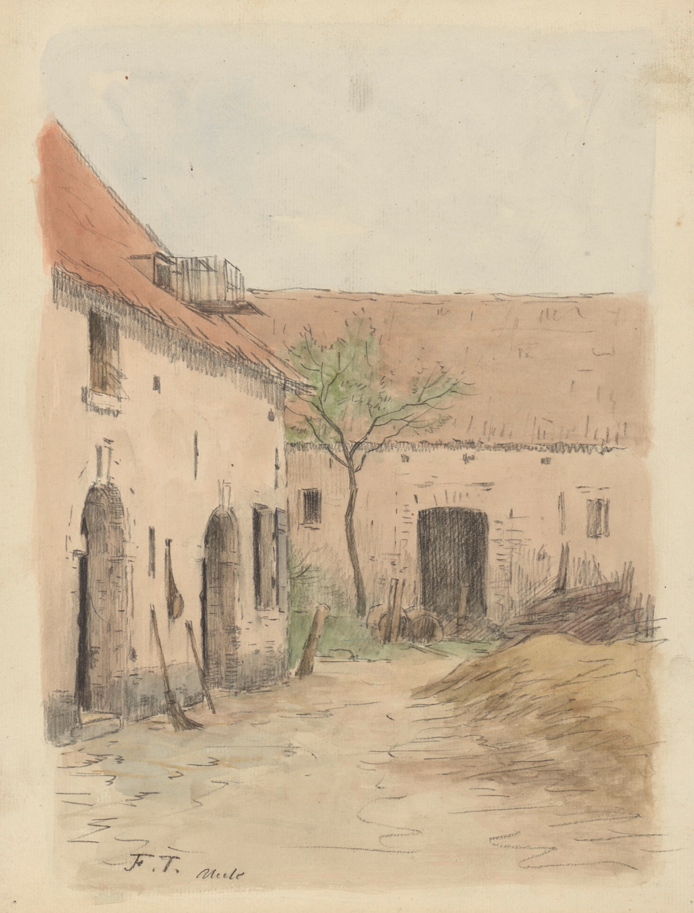 Landscape of a rural farmyard with dilapidated buildings, oil on canvas by Jean-François Taelemans