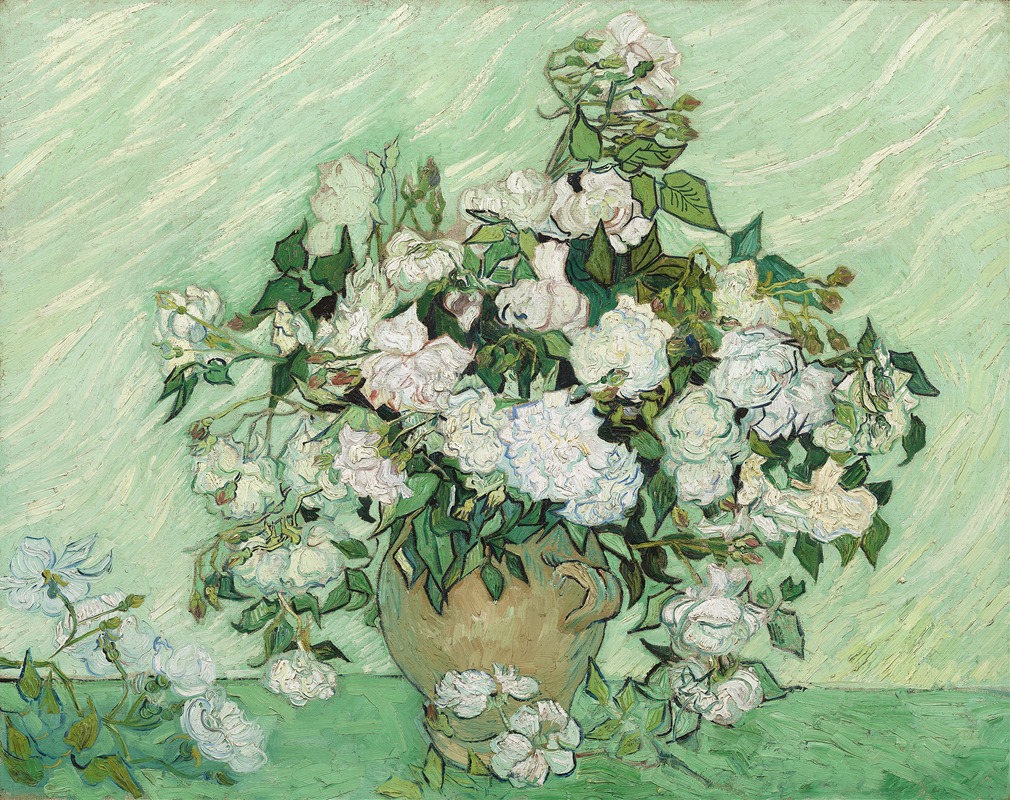 Vincent van Gogh's painting 'Roses' features vibrant colors and expressive brushwork.
