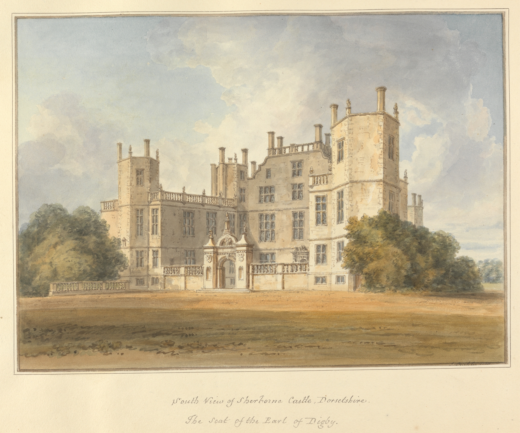 Watercolour by John Buckler depicting Sherborne Castle surrounded by greenery.