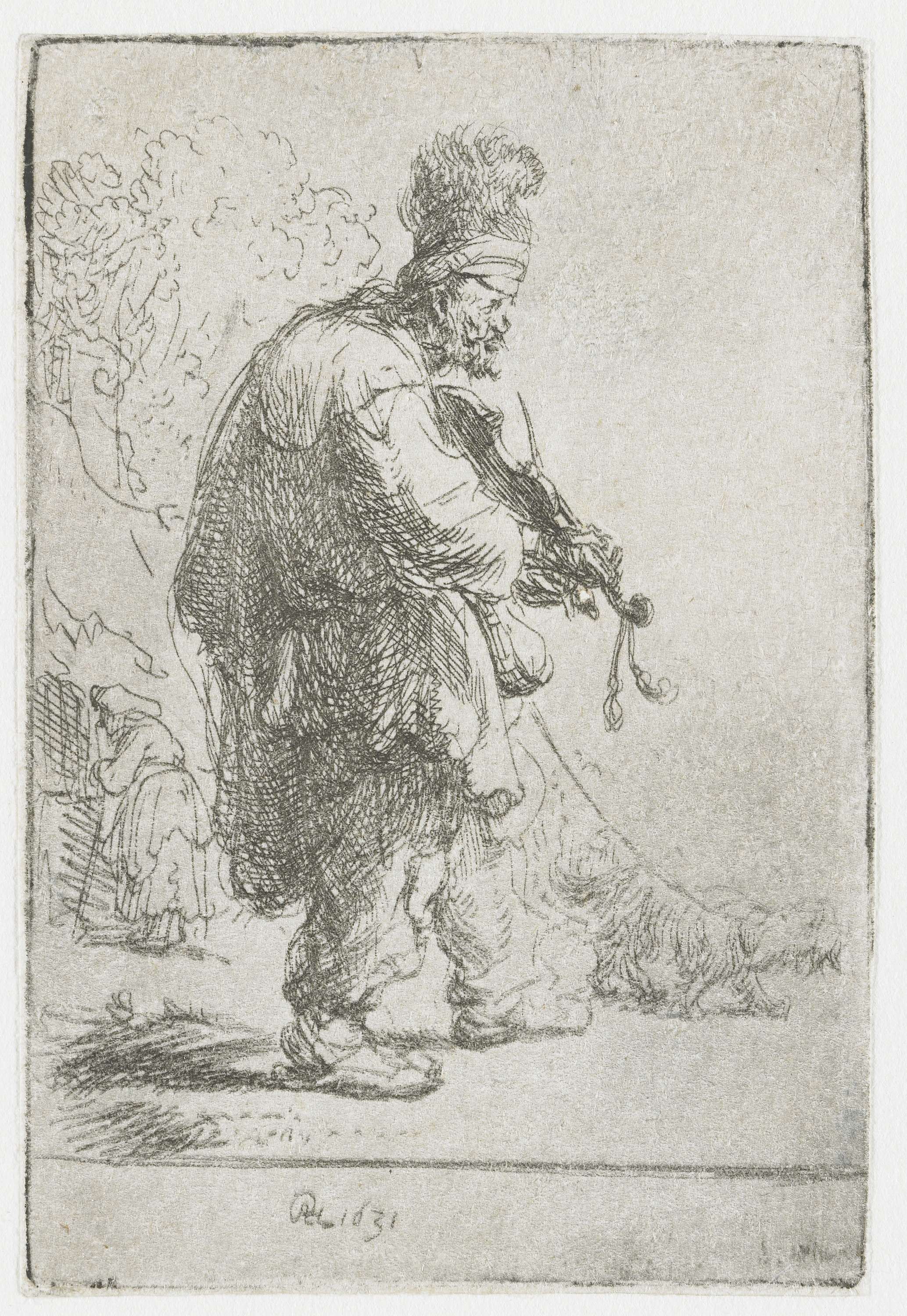 The Blind Fiddler by Rembrandt van Rijn, etching of a blind musician with tender expression.