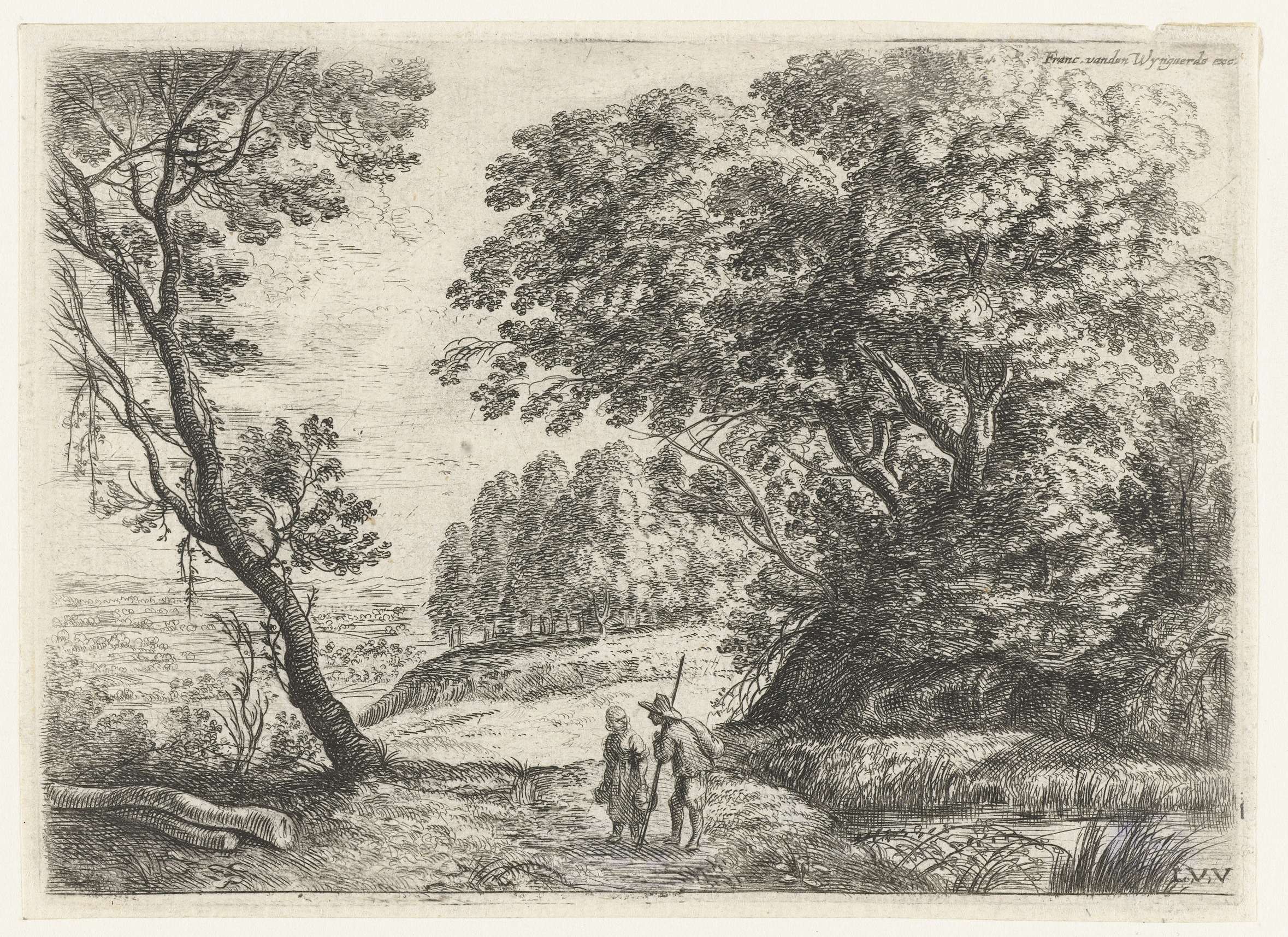 Landschap met een man en vrouw in gesprek, etching by Lucas van Uden