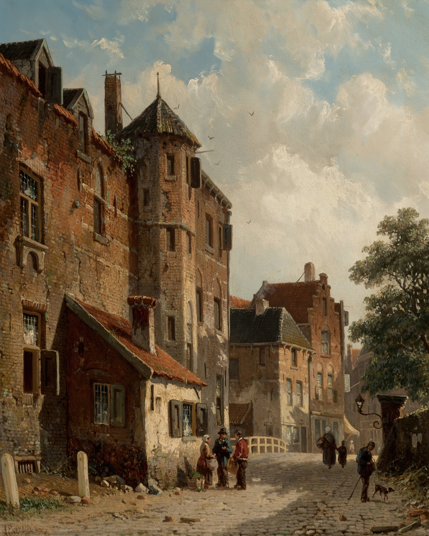 Sunlit Dutch street scene, oil on canvas by Adrianus Eversen