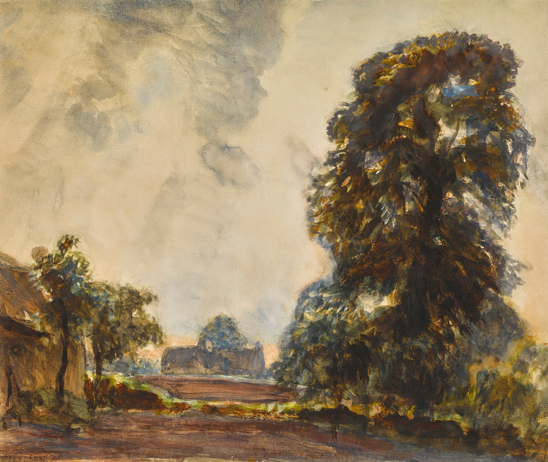Landscape With Trees by Sir George Clausen, oil painting showing trees under a stormy sky.