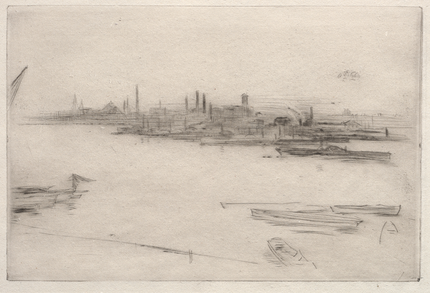 Battersea; Dawn 1877 by James Abbott McNeill Whistler, oil painting depicting a dawn landscape
