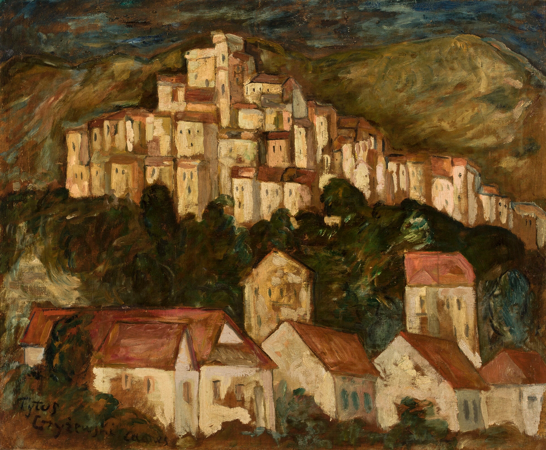 Landscape from Cagnes by Tytus Czyżewski, oil on canvas depicting rolling hills and a blue sky.