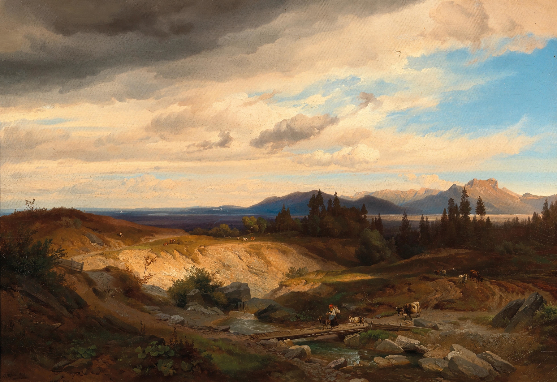 Bavaria, a Goat Shepherdess in a Vast Mountain Landscape with a View of the Heuberg near Brannenburg, by Johann Gottfried Steffan, public domain