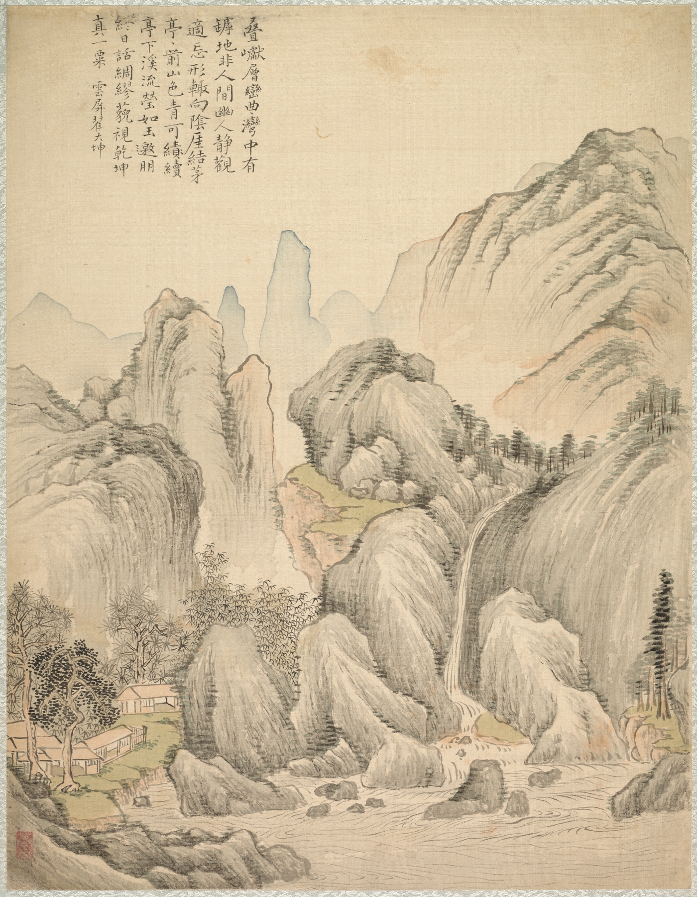 Folded Hills and Layered Peaks, ink on paper by Tsubaki Chinzan, depicting serene mountains and layered peaks.