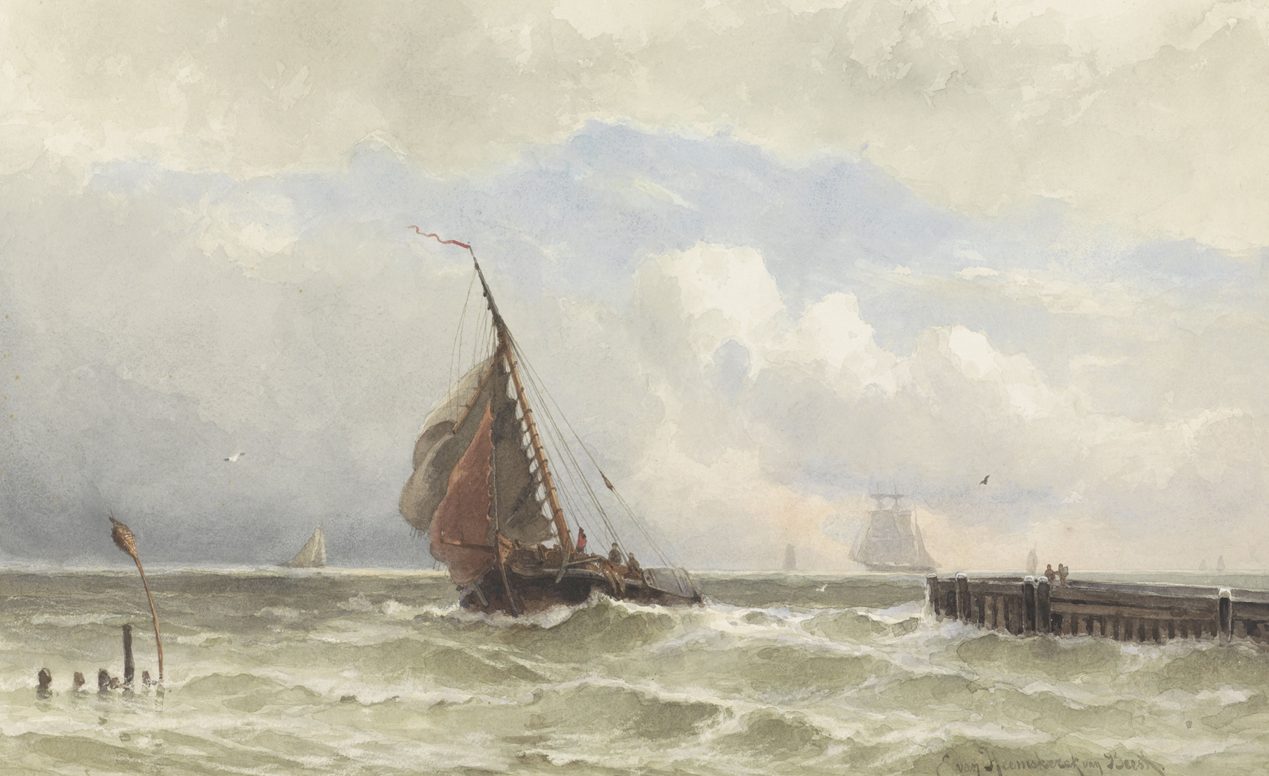 Haven van Vlissingen, met inkomende zeilschip, oil on canvas by Jacob Eduard van Heemskerck van Beest