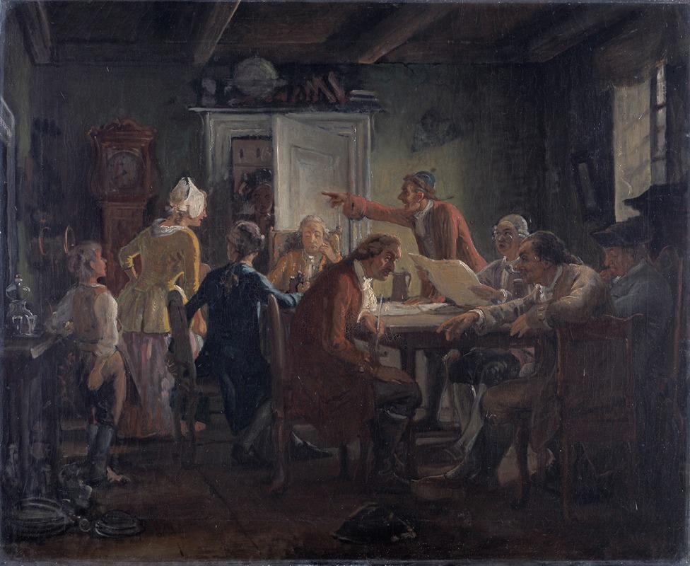 A scene depicting a political discussion among figures in a historical setting.