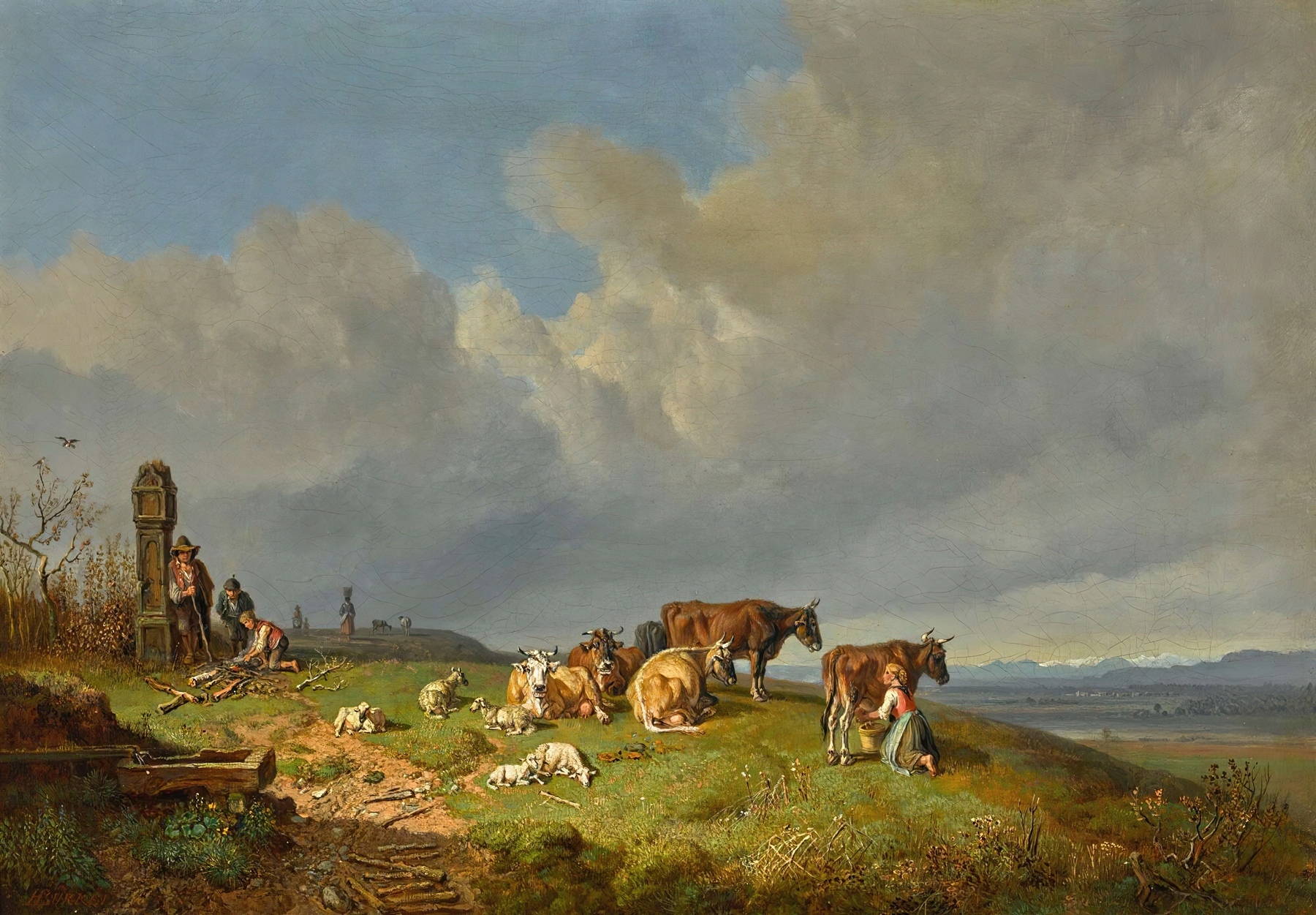 Landscape depicting a farmer with sheep in a pasture, oil painting by Heinrich Bürkel