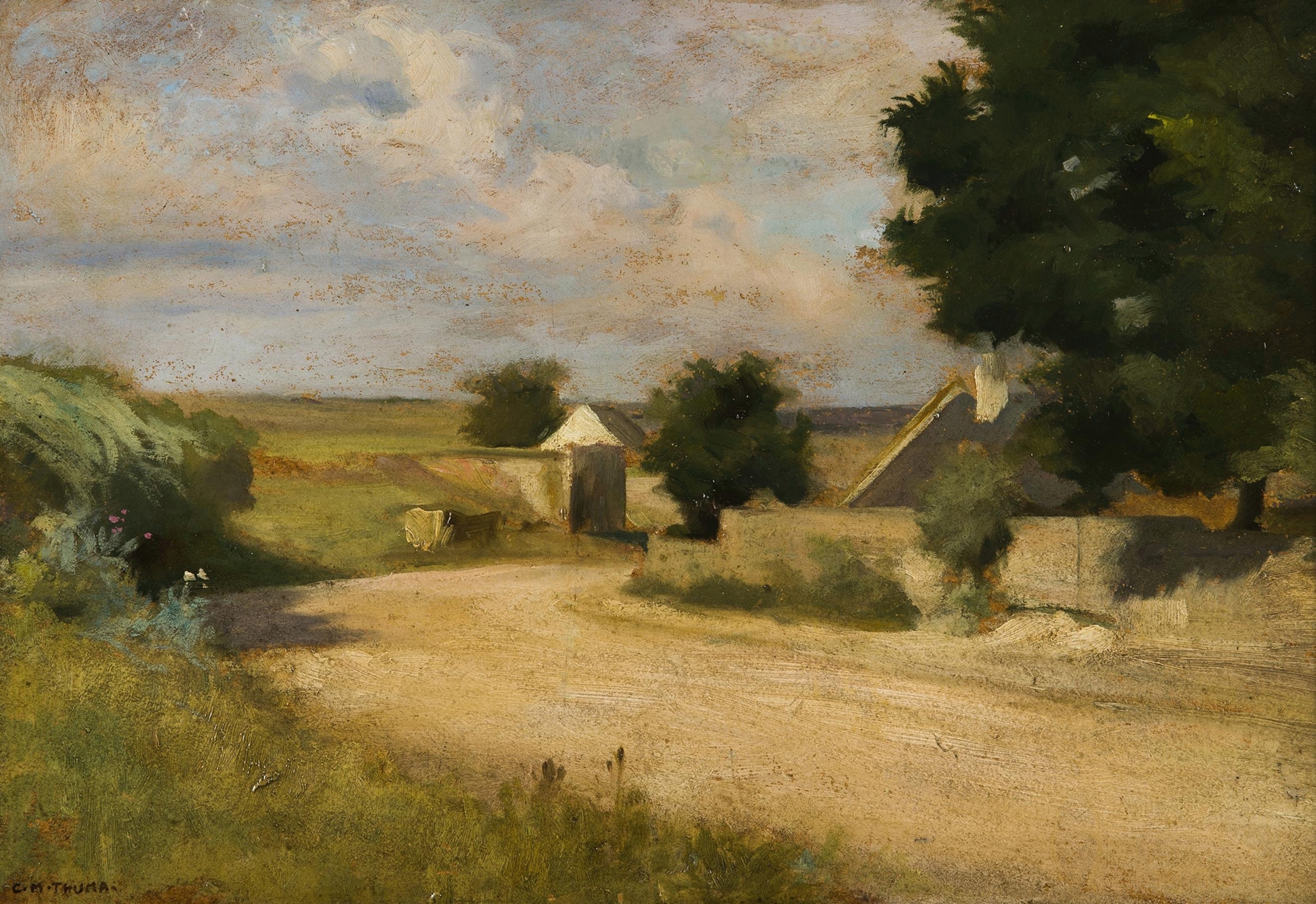 Landscape by Karl Maria Thuma, featuring a village and lush greenery, impressionist style