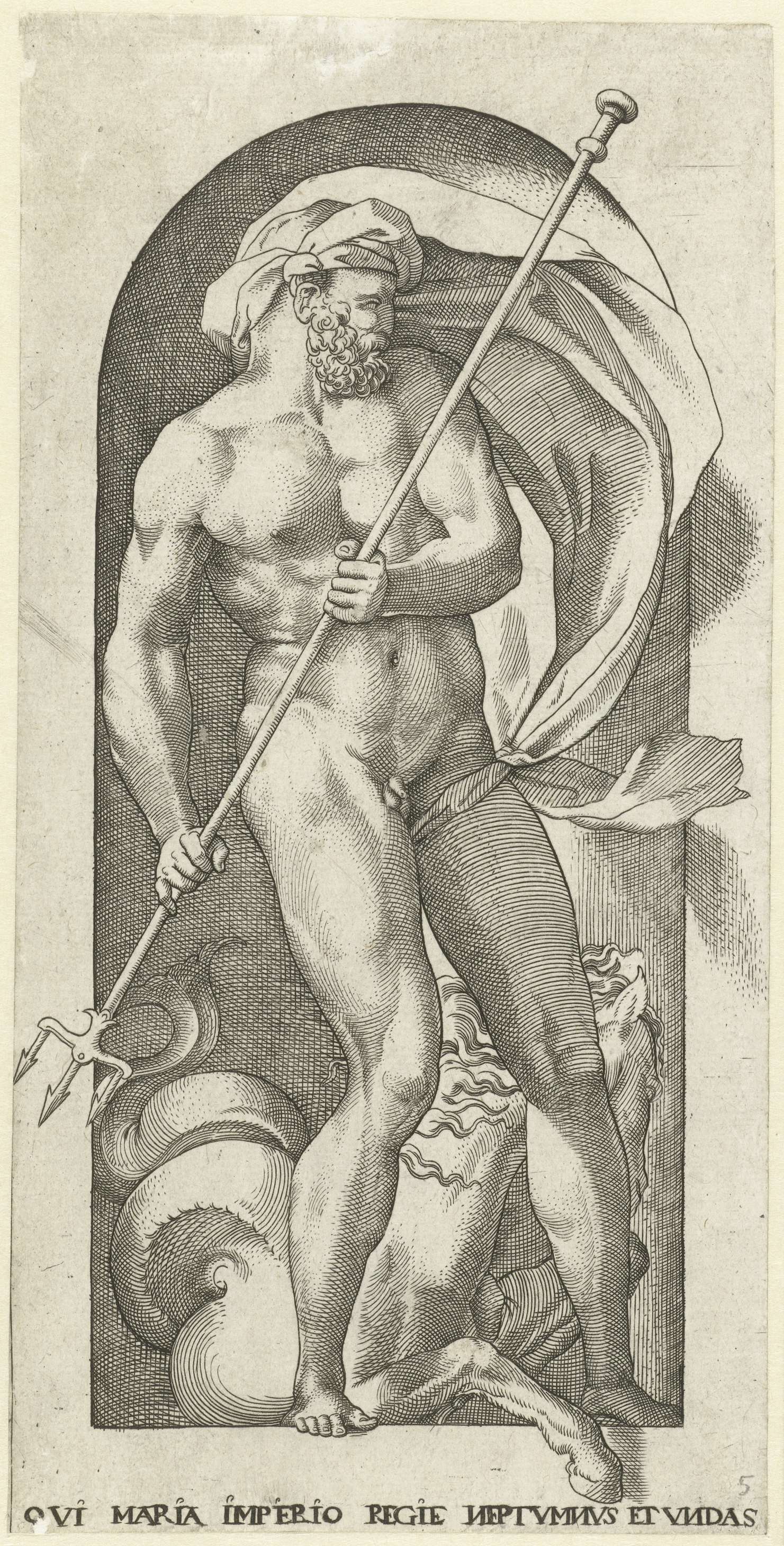 Neptunus met drietand en Hippocampus engraving by Jacob Binck depicting a sea god with a trident and a hippocampus.