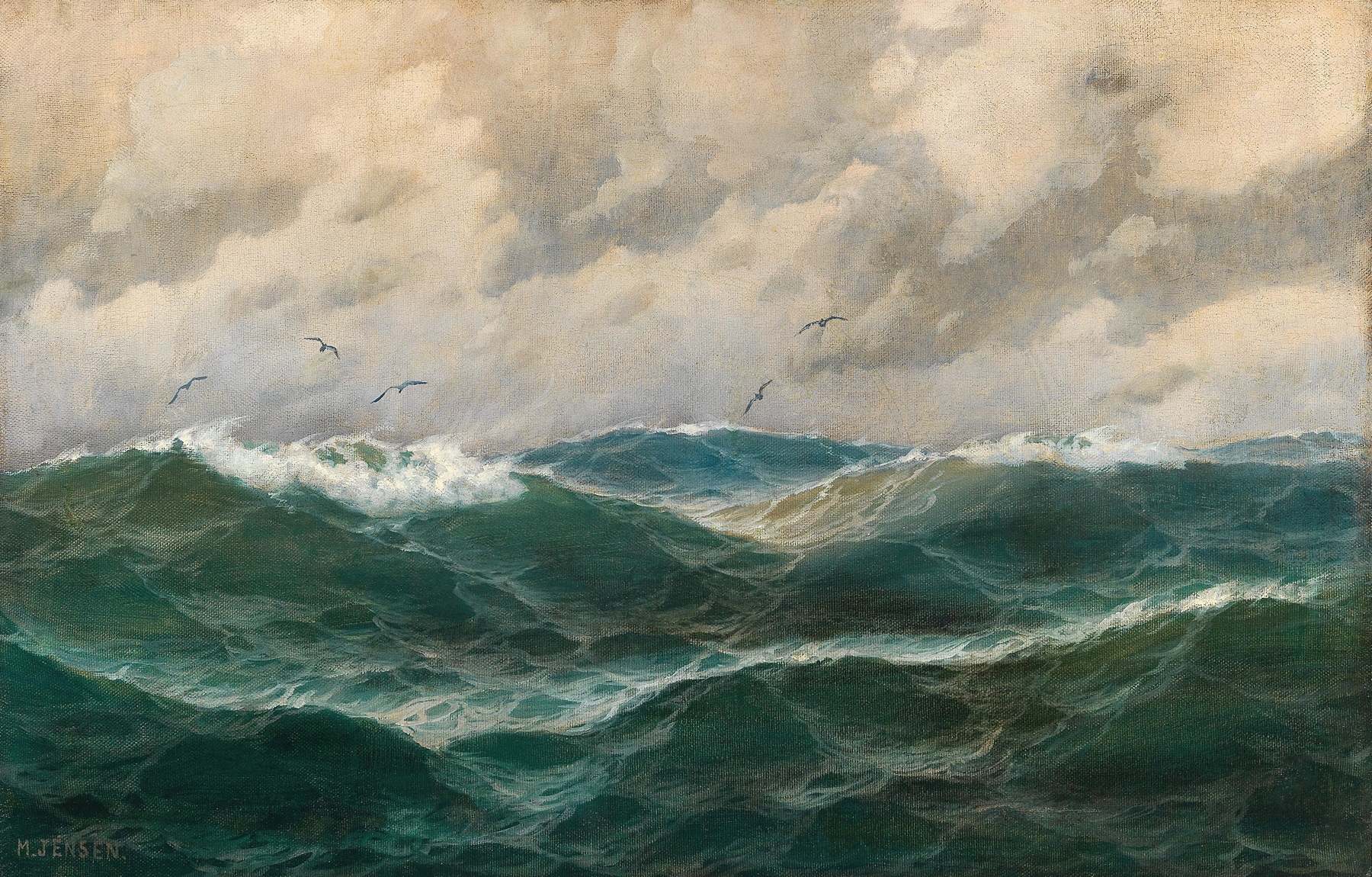 Maritime scene with waves and a ship by Max Jensen, oil painting