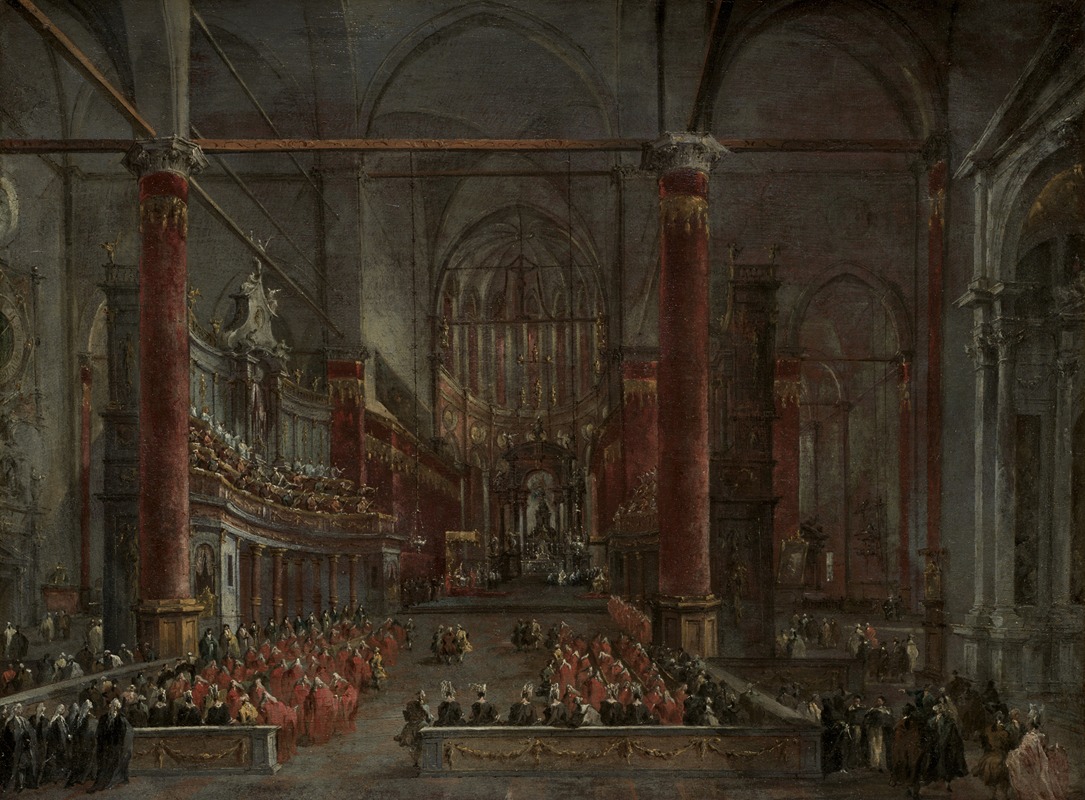 Francesco Guardi's 'Pontifical Ceremony in SS. Giovanni e Paolo, Venice' captures a religious event in a vibrant Venetian setting.