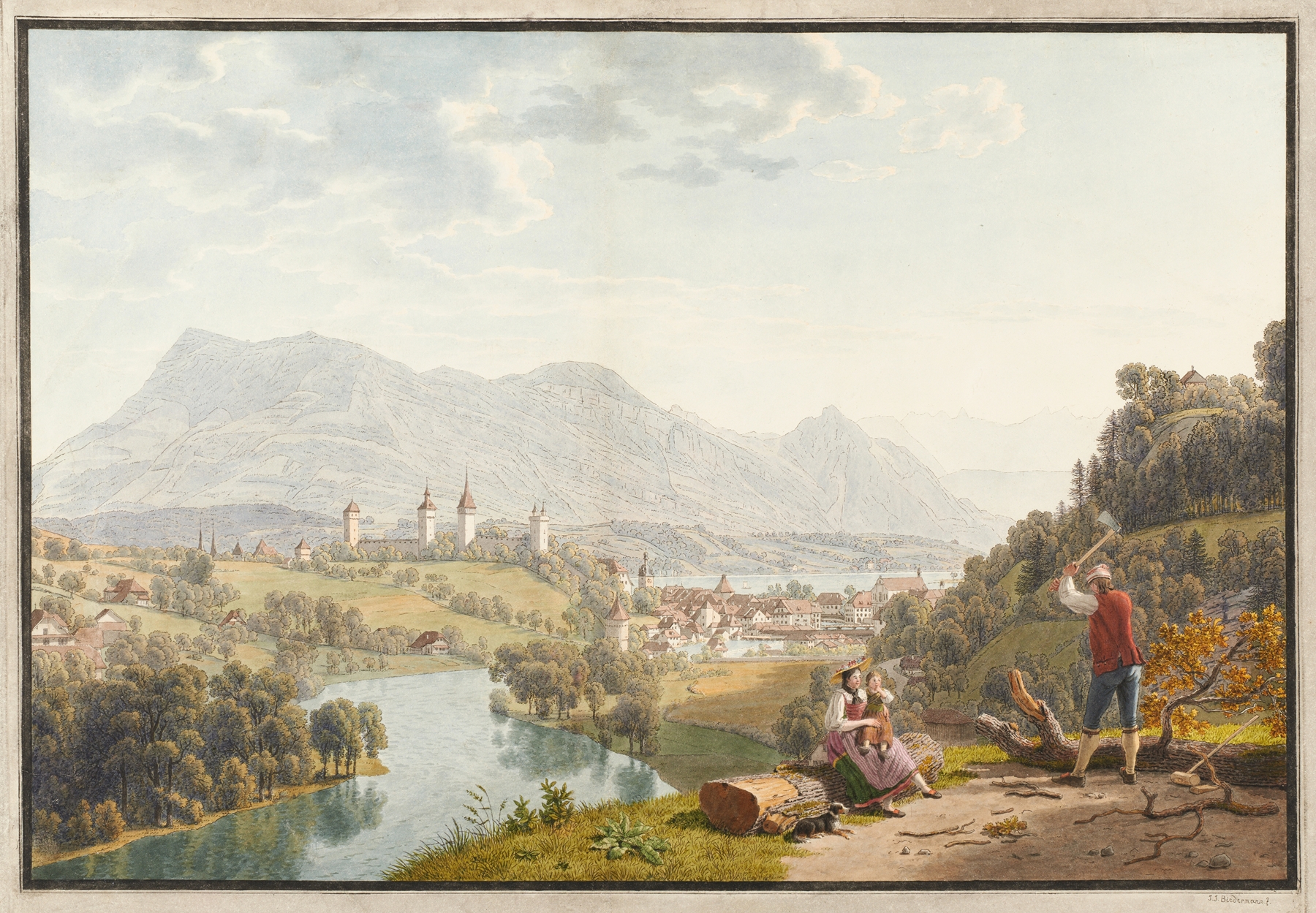 Luzern, von Nordwesten by Johann Jakob Biedermann, oil on canvas depicting a tranquil town and hills.