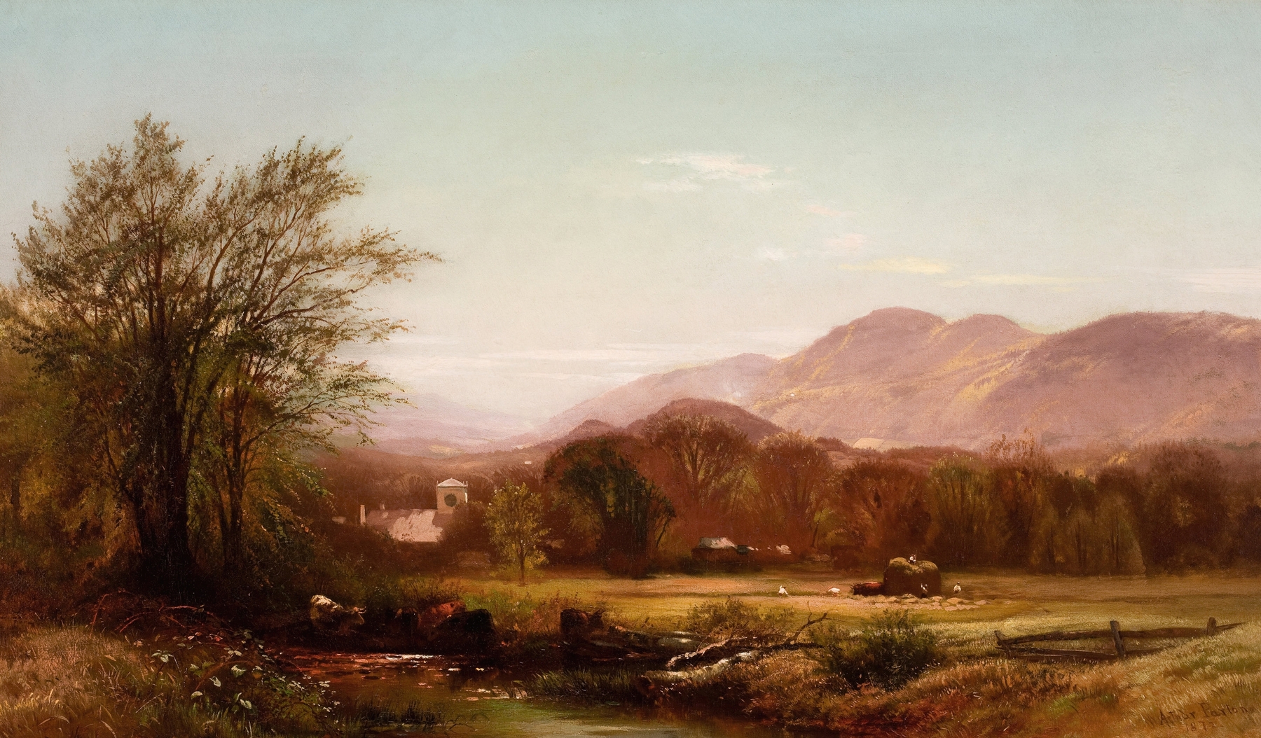 Berkshire Landscape by Arthur Parton, oil painting depicting green hills and a blue sky.