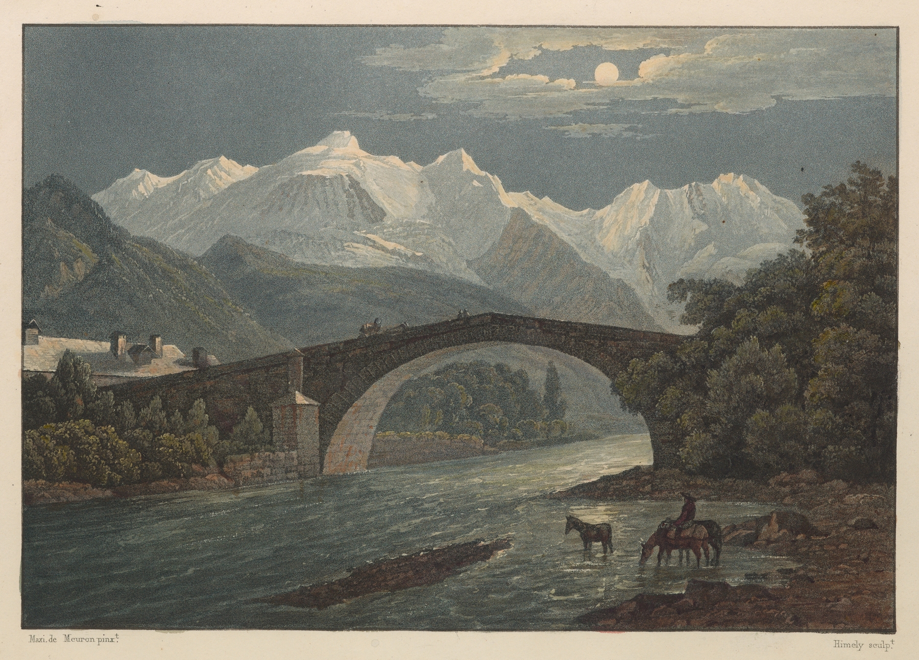 Vue du Pont de St. Martin by Gabriel Lory the older, oil on canvas depicting a bridge over a river.