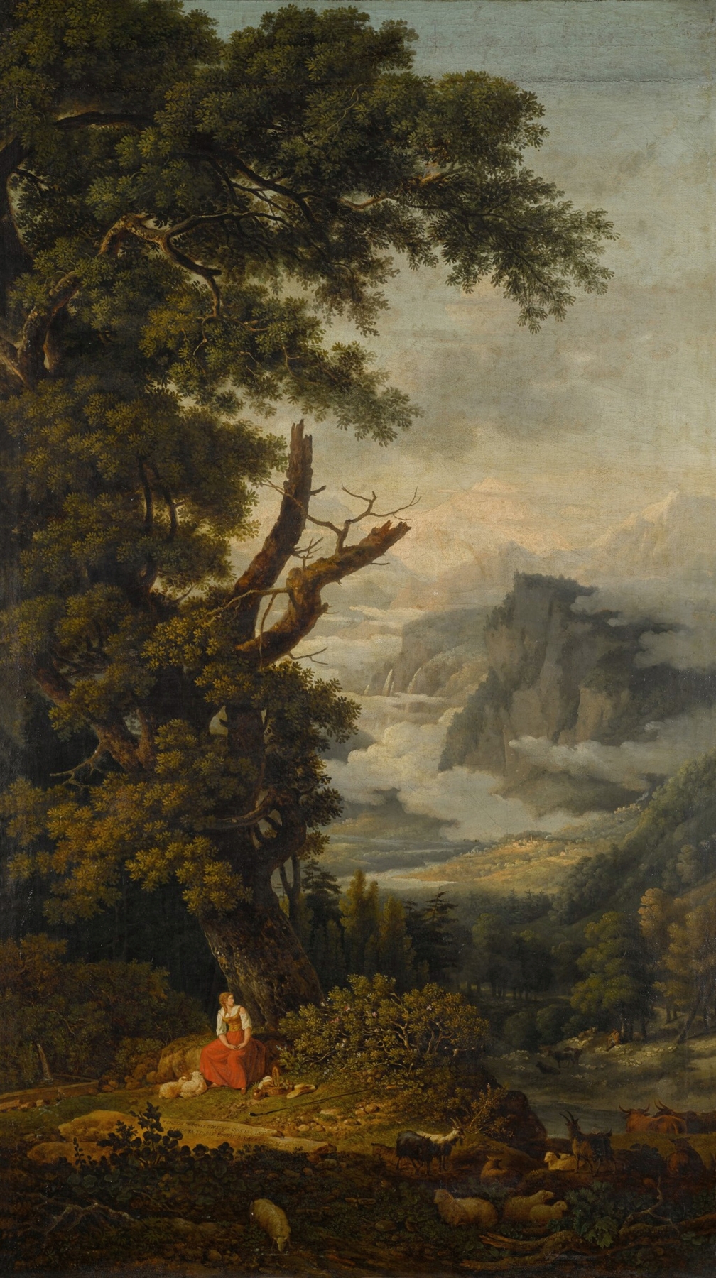 La Bergère des Alpes by Jean-Pierre Péquignot, oil painting of a shepherdess in a mountainous landscape.
