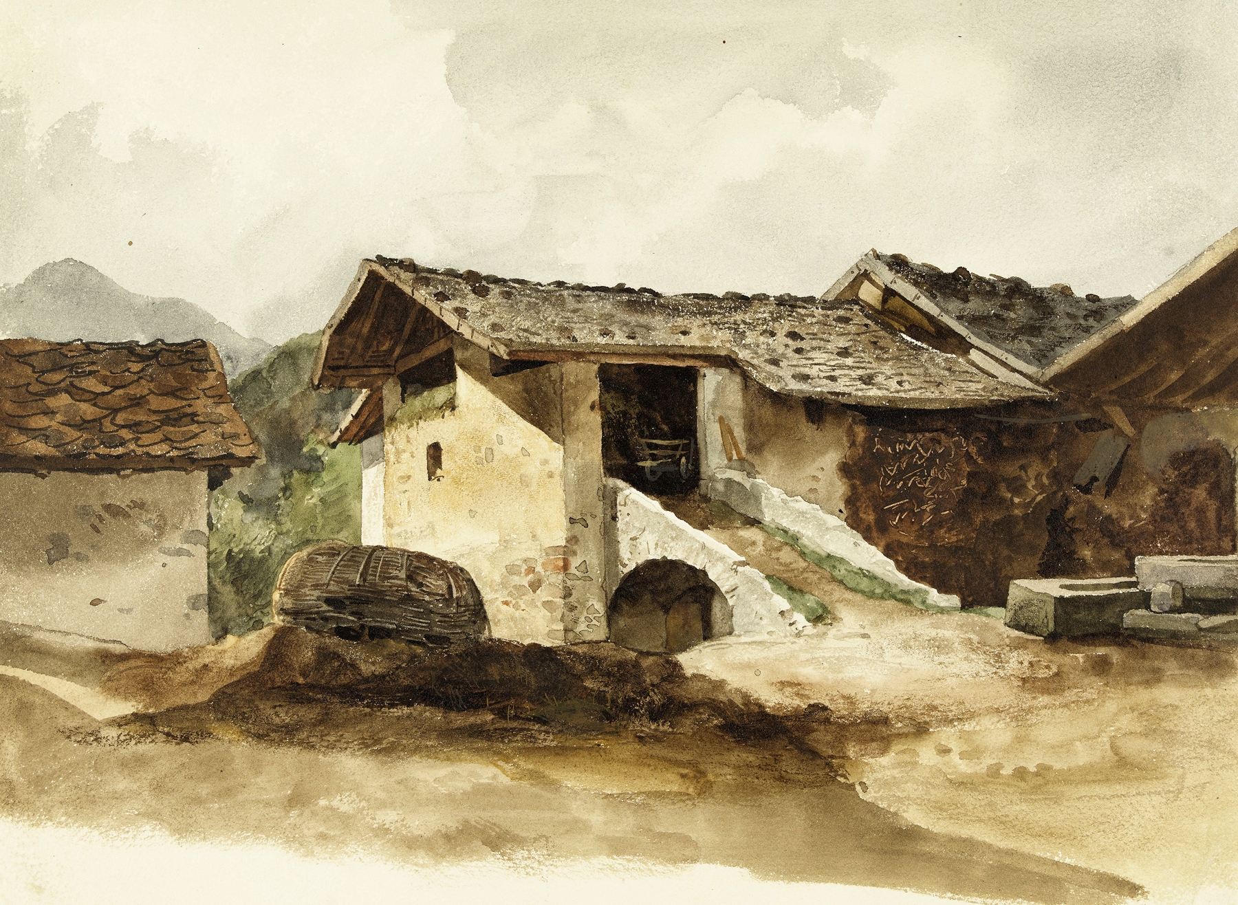 Vue d’une ferme by René Marjolin, oil on canvas depicting a farmhouse in golden fields.