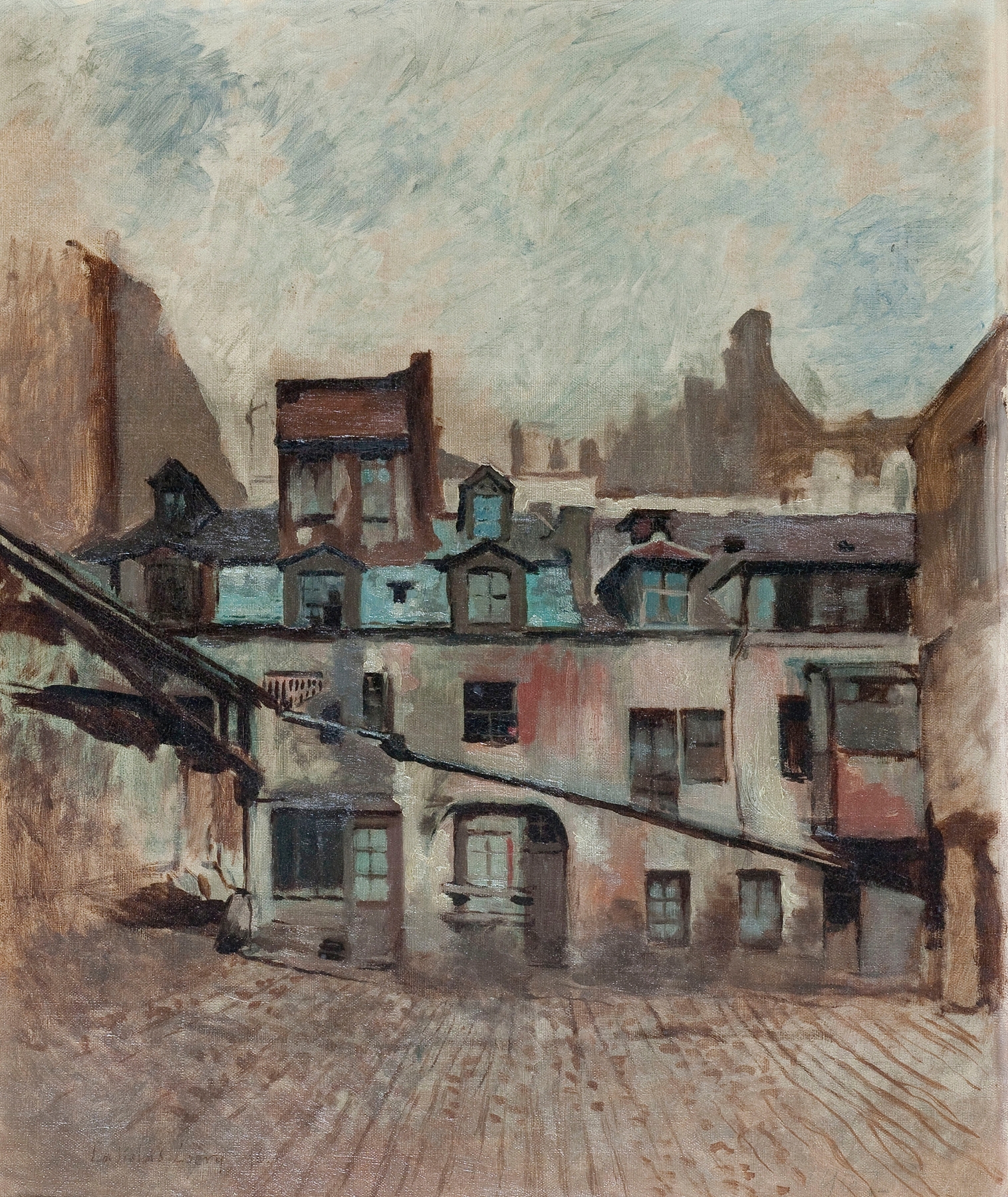Landscape oil painting by Ladislas Loery depicting a fading auberge surrounded by nature