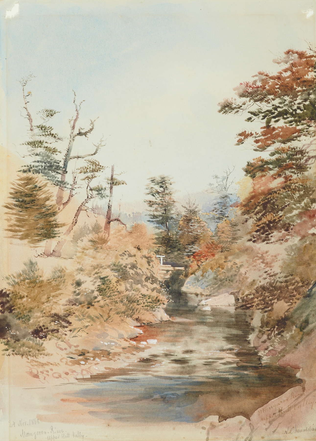 Landscape of Mangaroa River, Upper Hutt Valley by Nicholas Chevalier, oil painting