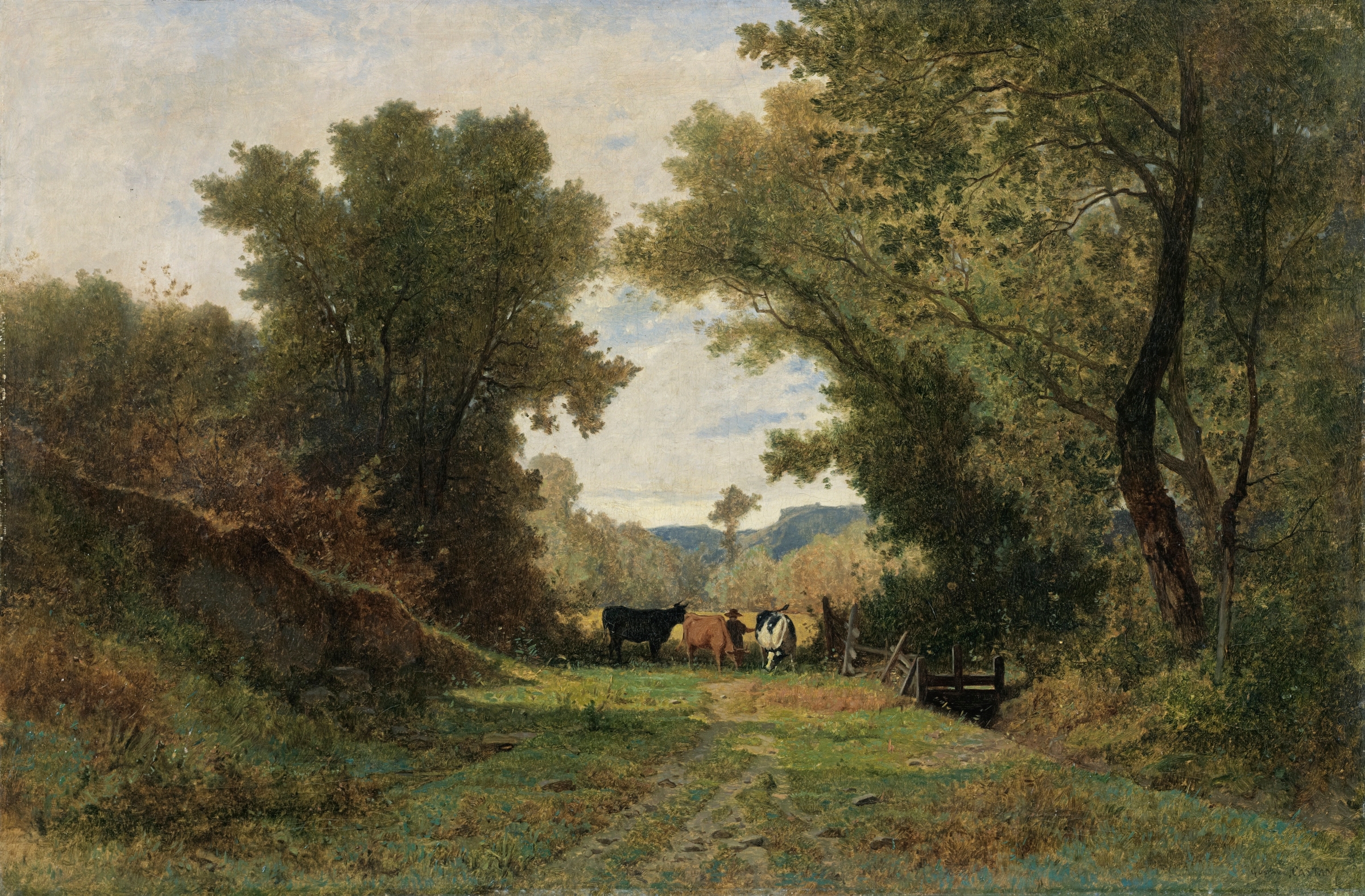 Landscape with Shepherd and Cattle by Gustave Castan, oil painting of a shepherd with cattle in a pastoral setting