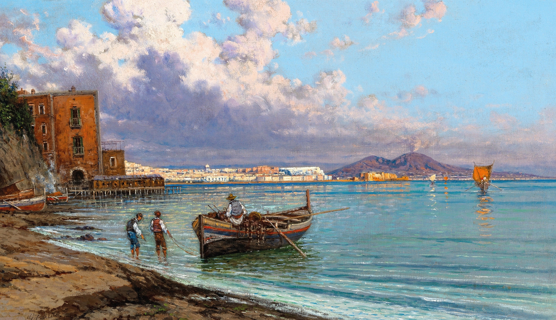 Fishermen in Naples with Vesuvius in the background, oil painting by Giuseppe Carelli