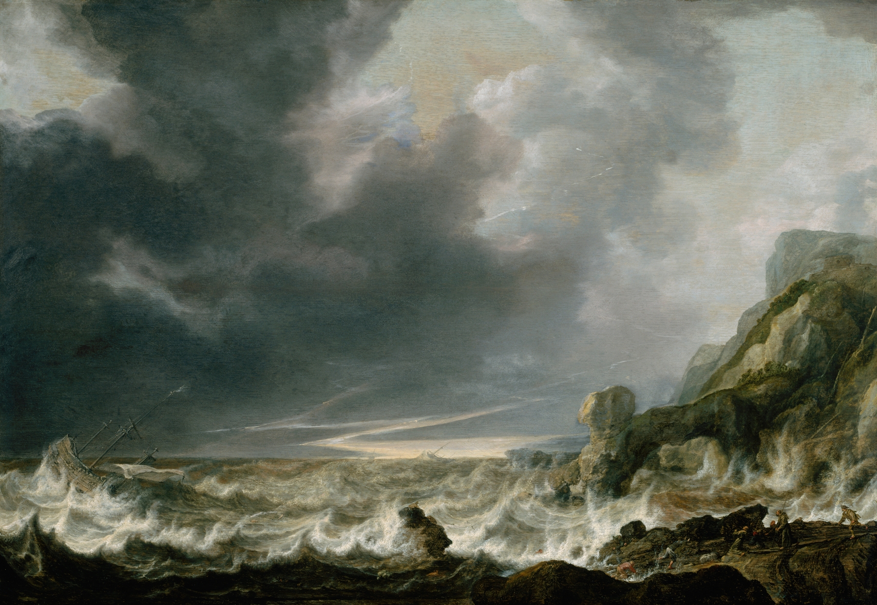 Ship in Distress off a Rocky Coast, by Simon de Vlieger, public domain