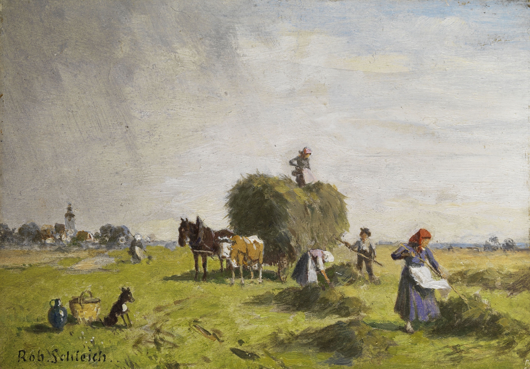 Genre scene depicting harvest in golden light by Robert Schleich