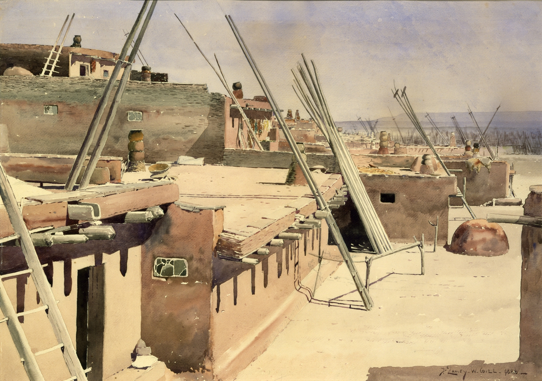 Realism landscape by De Lancey Gill, depicting adobe structures and warm earth tones.