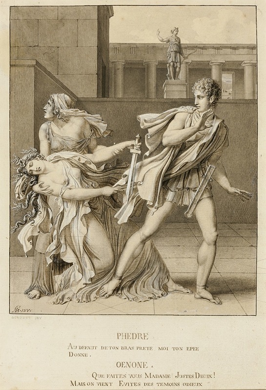 A dramatic scene of Phaedre attempting to take her own life with Hippolytus' sword.