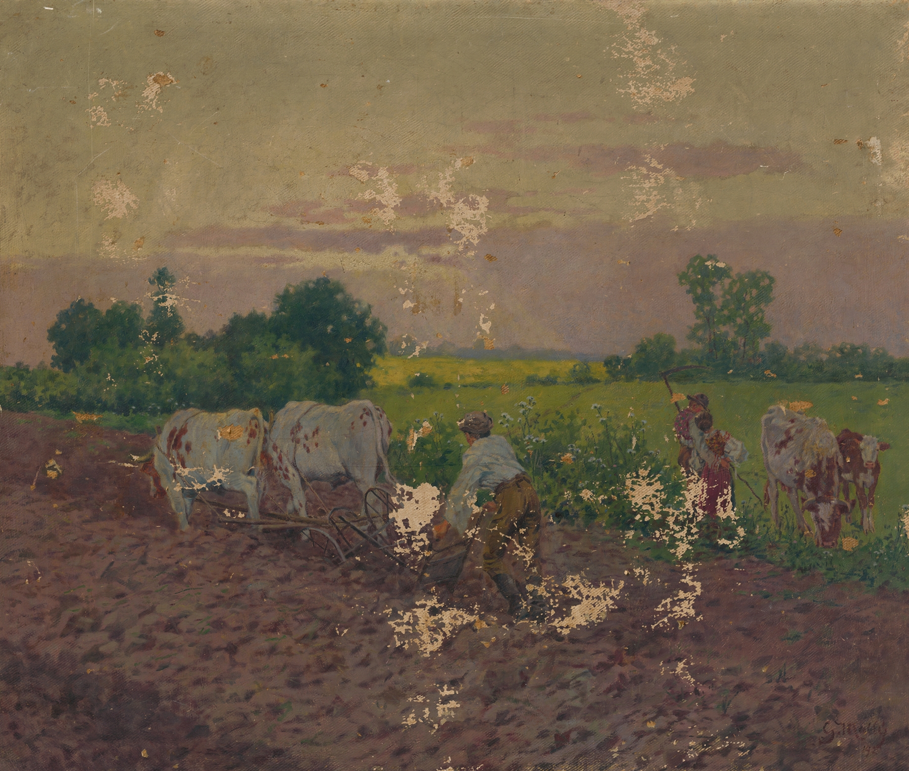 Figurative depiction of a laborer ploughing the earth, oil painting by Gustáv Mallý