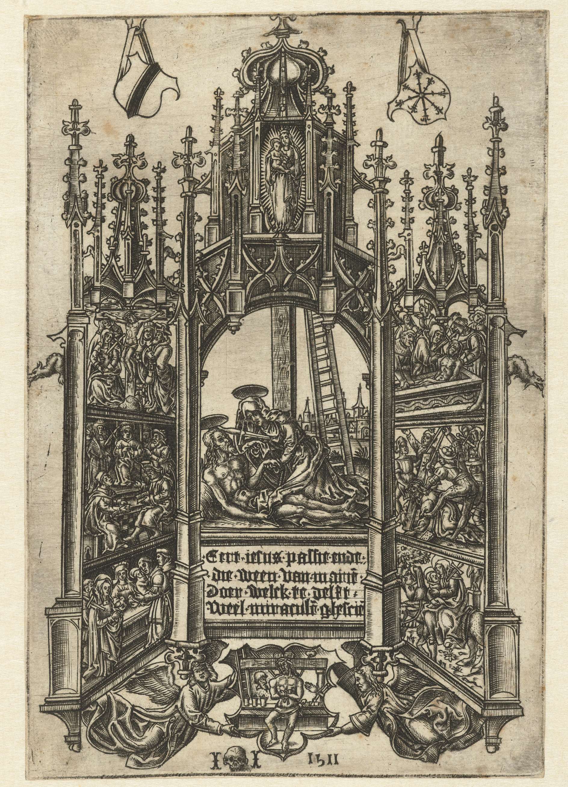 Engraving by Meester II met doodshoofd depicting Christ in a shrine with Mary and the seven sorrows.