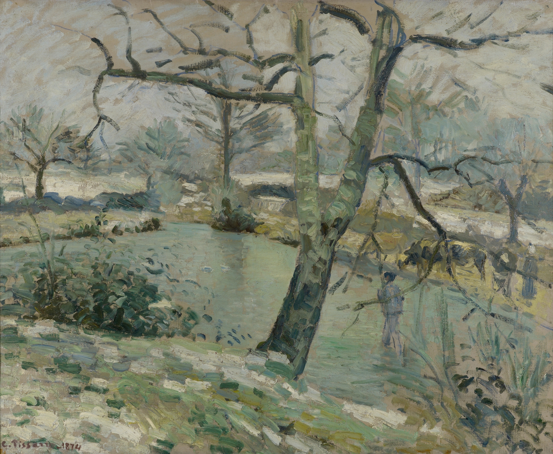The Pond at Montfoucault, Effect of Winter, by Camille Pissarro, public domain