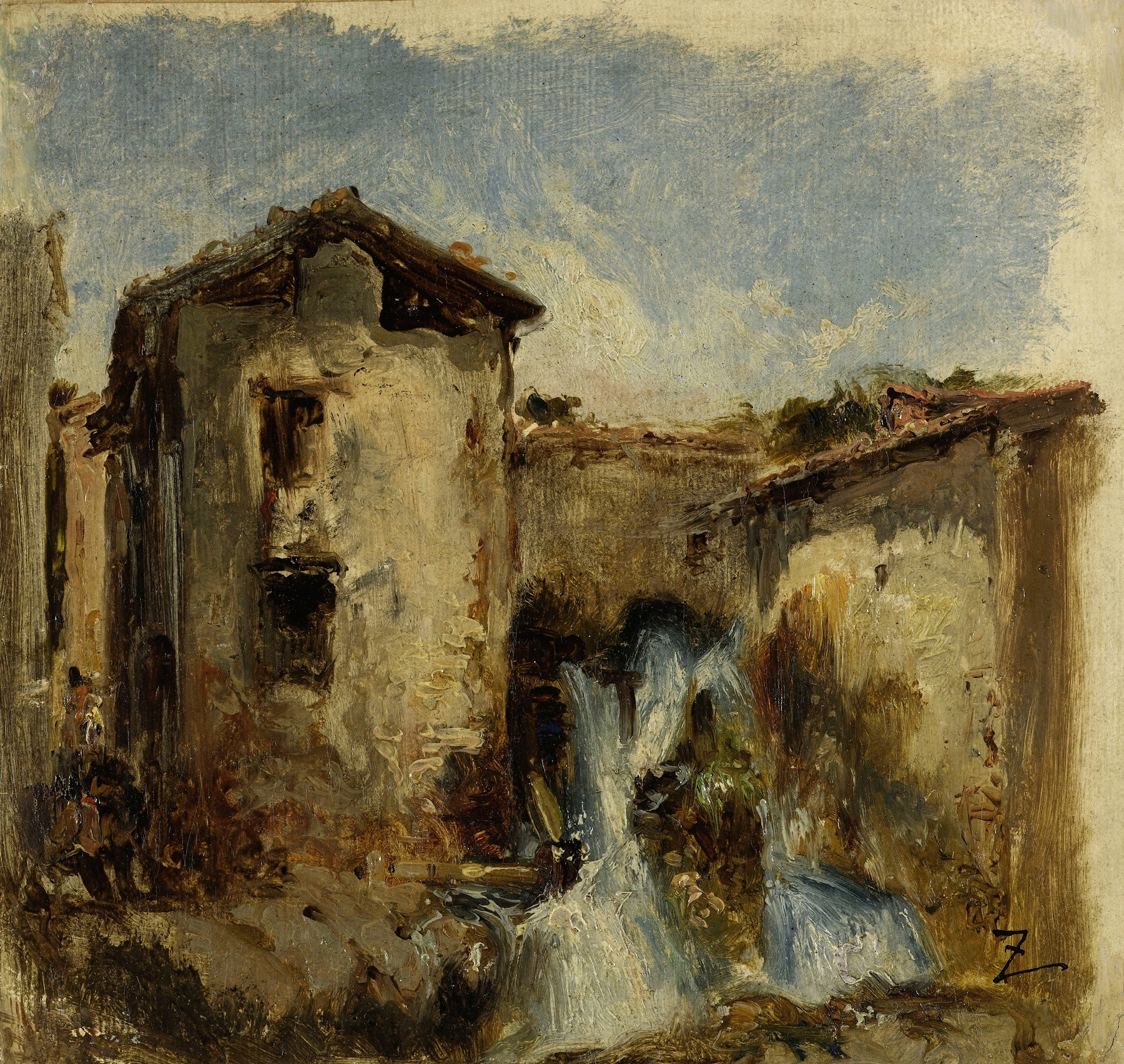 La cascade, oil on canvas by Félix Ziem depicting a serene waterfall and nature.