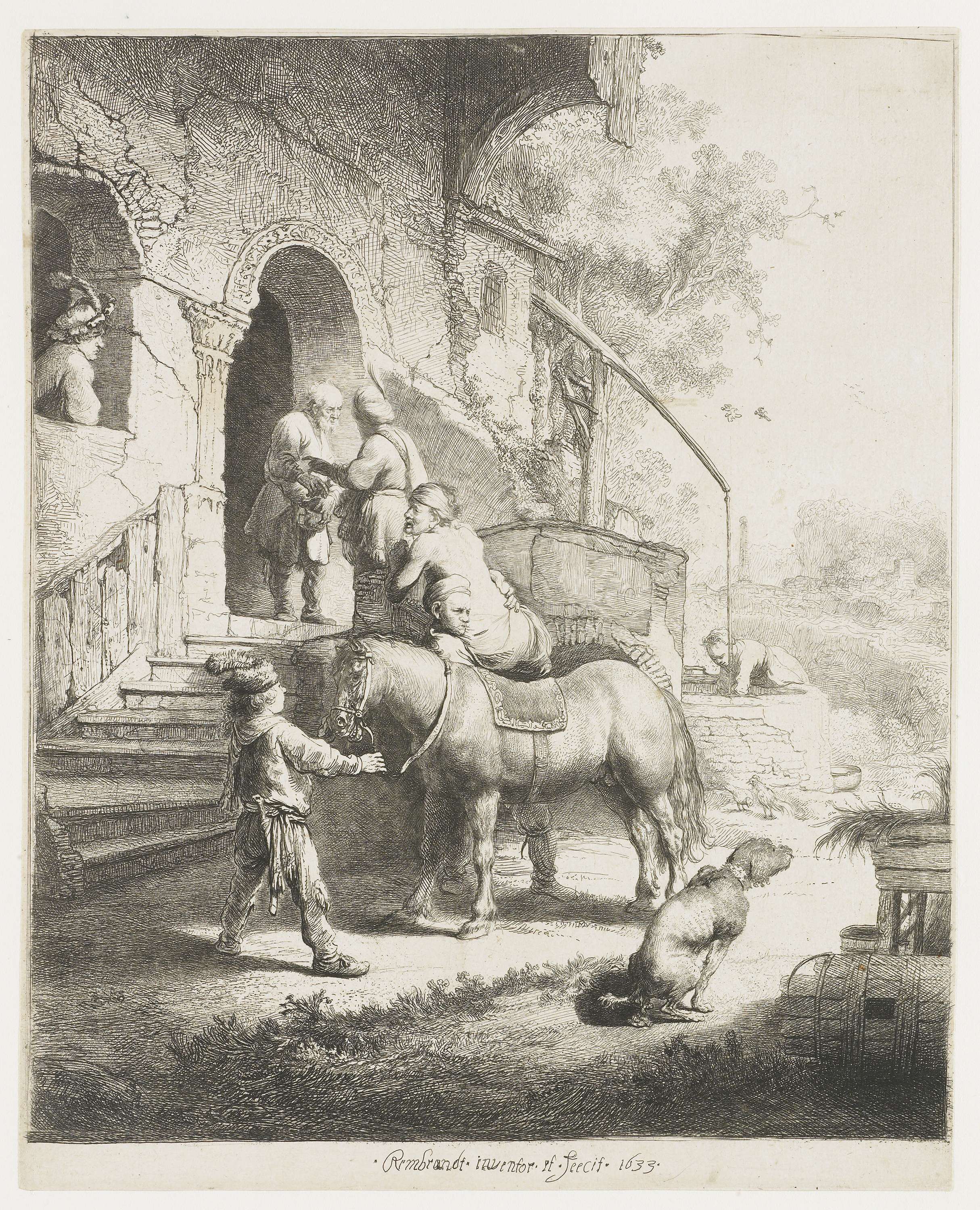 The Good Samaritan etching by Rembrandt van Rijn depicting a Samaritan aiding a wounded traveler.