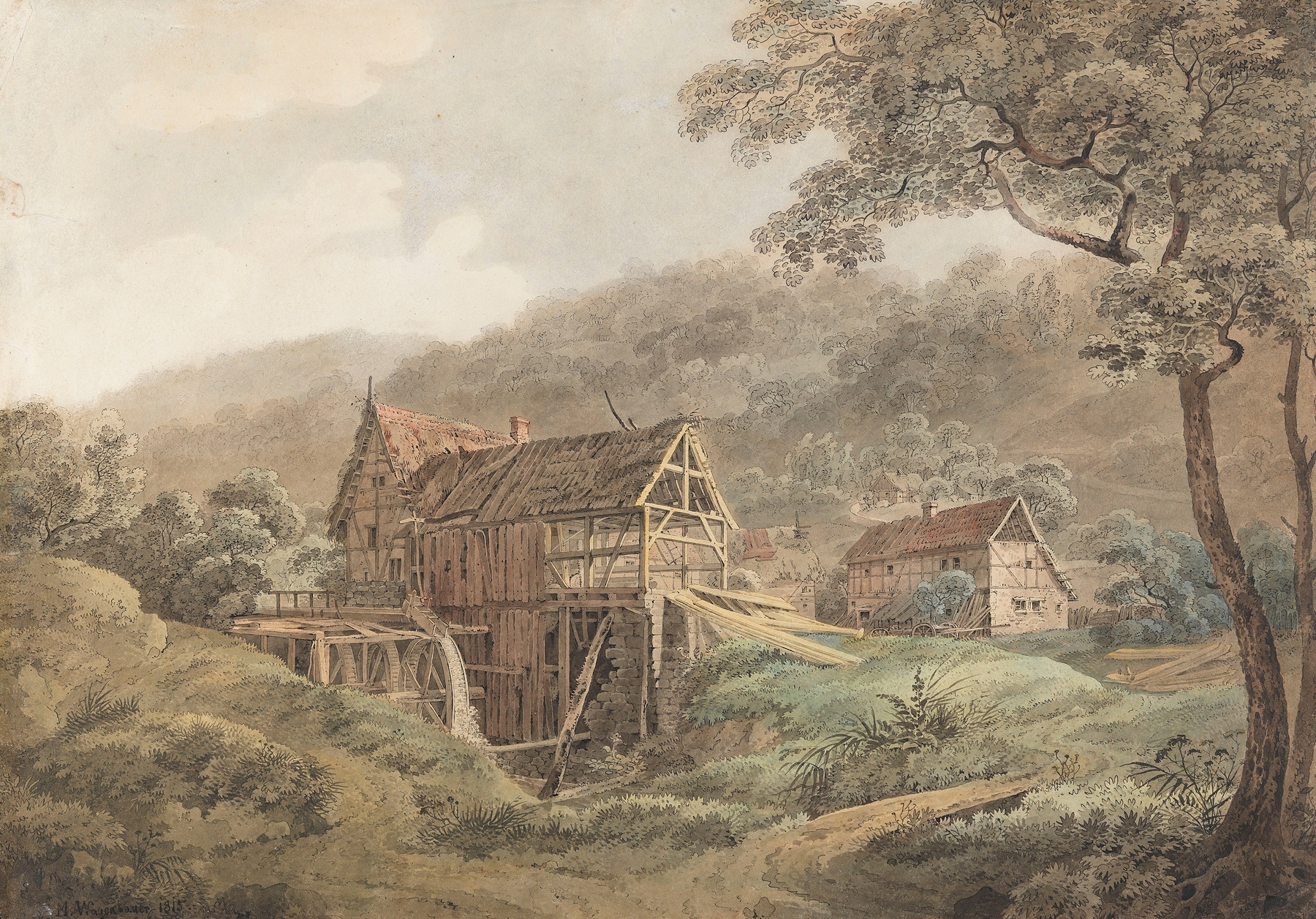 Sägemühle by Max Joseph Wagenbauer, oil on canvas depicting a sawmill at dusk