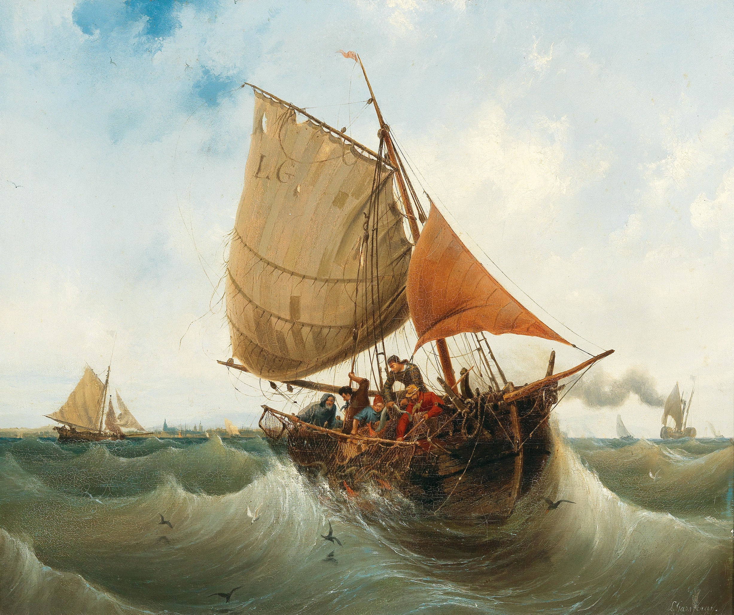 Fishing By The Coast, oil on canvas by Ambroise-Louis Garneray, showing a fishing boat by the shore.