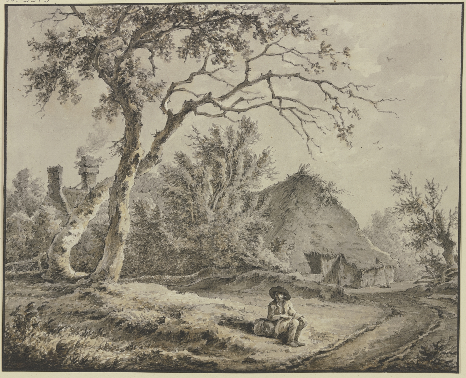 Eichen und Hütten, vorn am Weg sitzt ein ein Wanderer mit einem Bündel, by Jan Hulswit, public domain