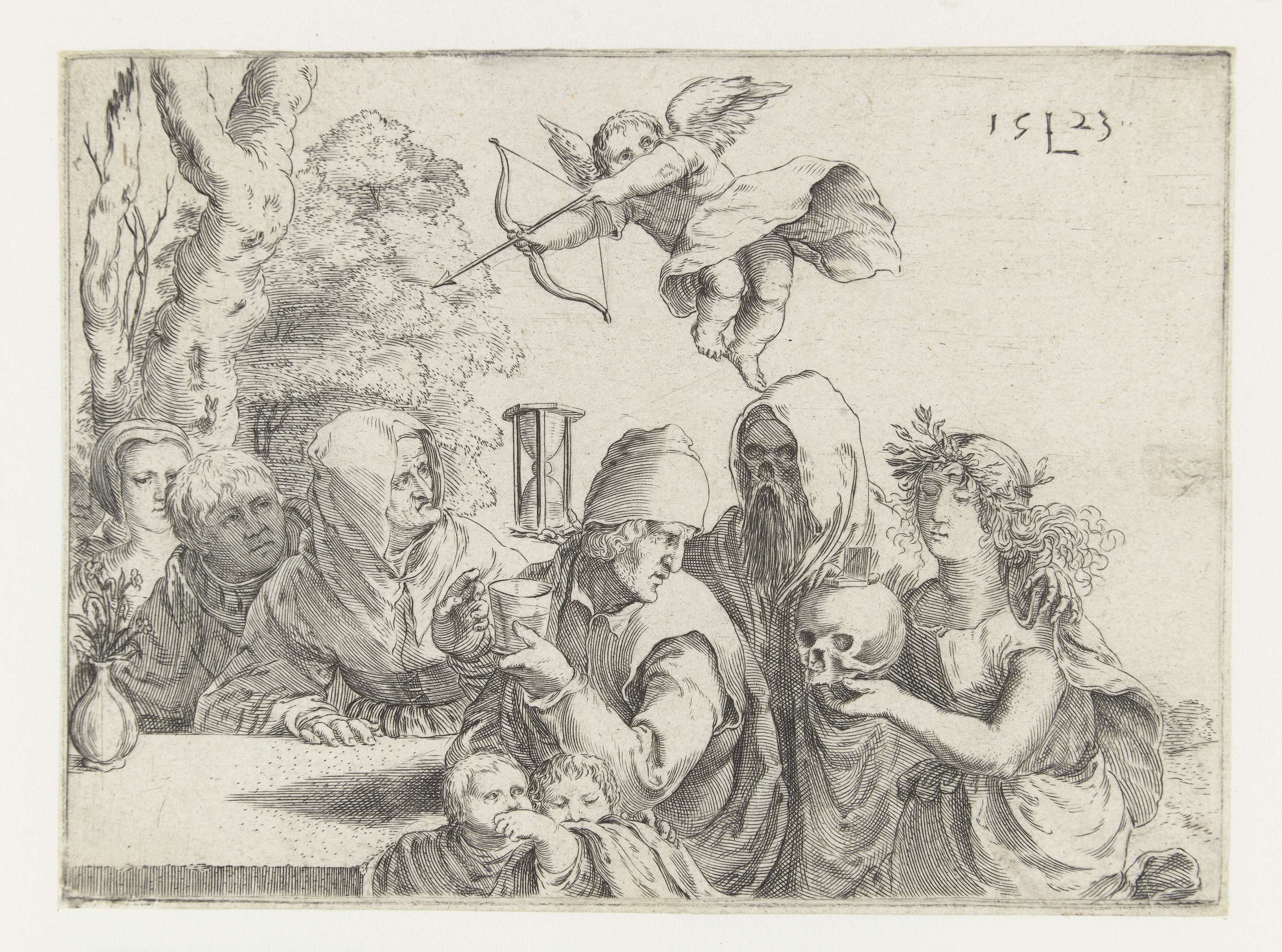 Engraving depicting a solemn gathering around a deathbed by Unknown Artist