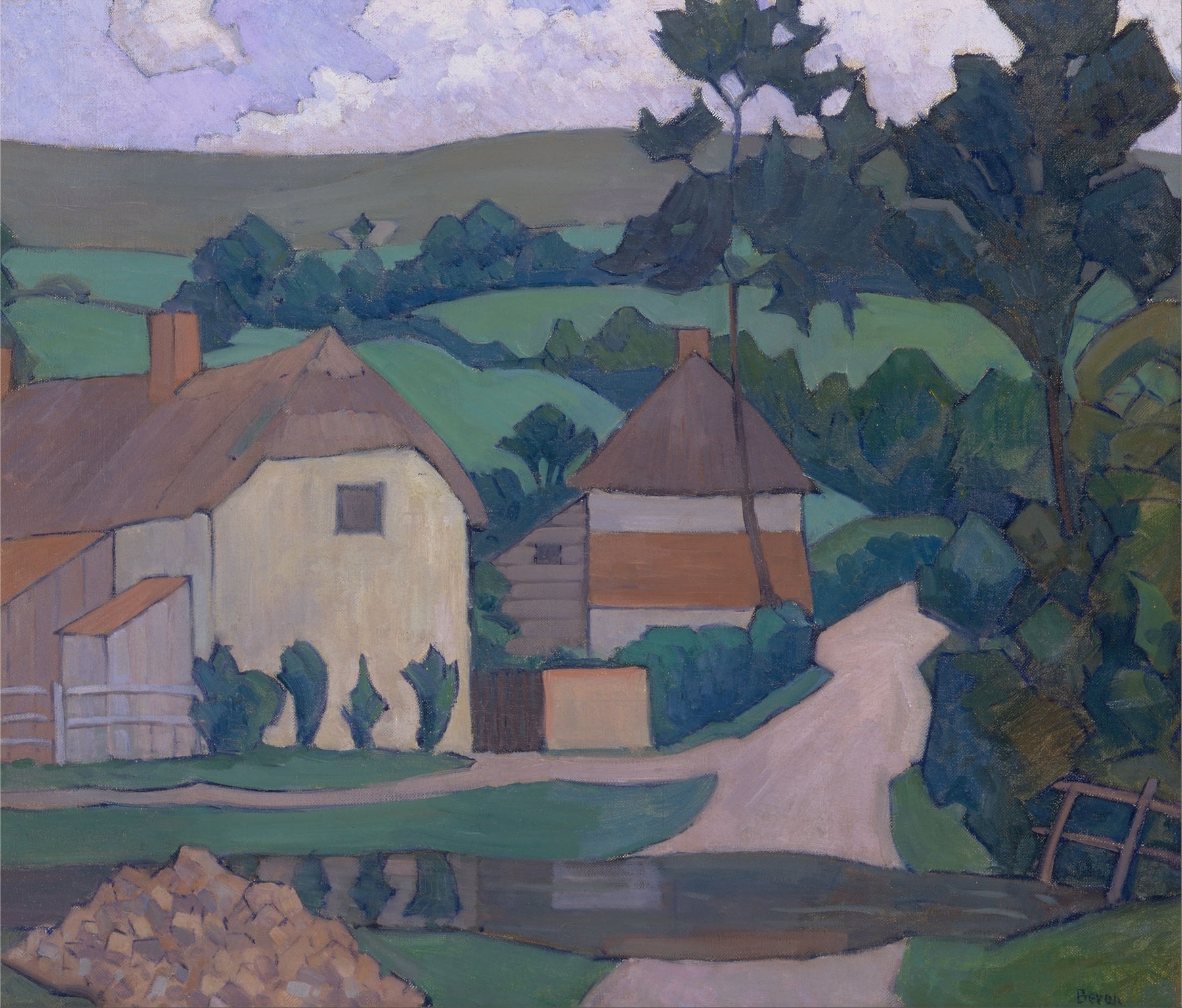Oil painting by Robert Polhill Bevan featuring figures by a river and soft hills.