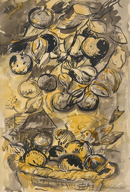 A still life painting featuring apples by Arnold Peter Weisz-Kubínčan.