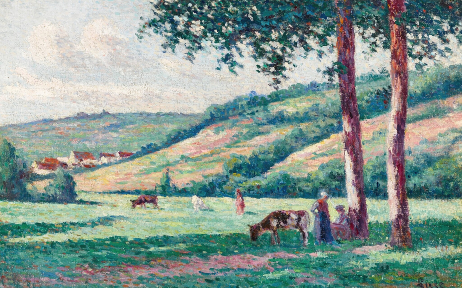 Landscape with shepherds and cattle in a sunlit meadow, oil on canvas by Maximilien Luce