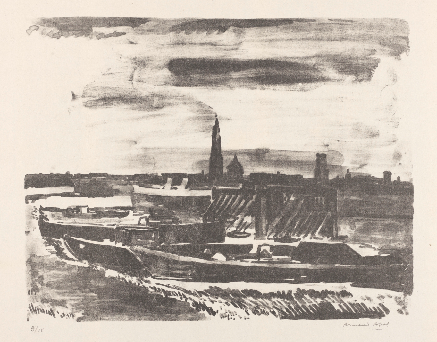 Bateaux à quai à Anvers by Armand Apol, oil on canvas depicting boats in a harbor
