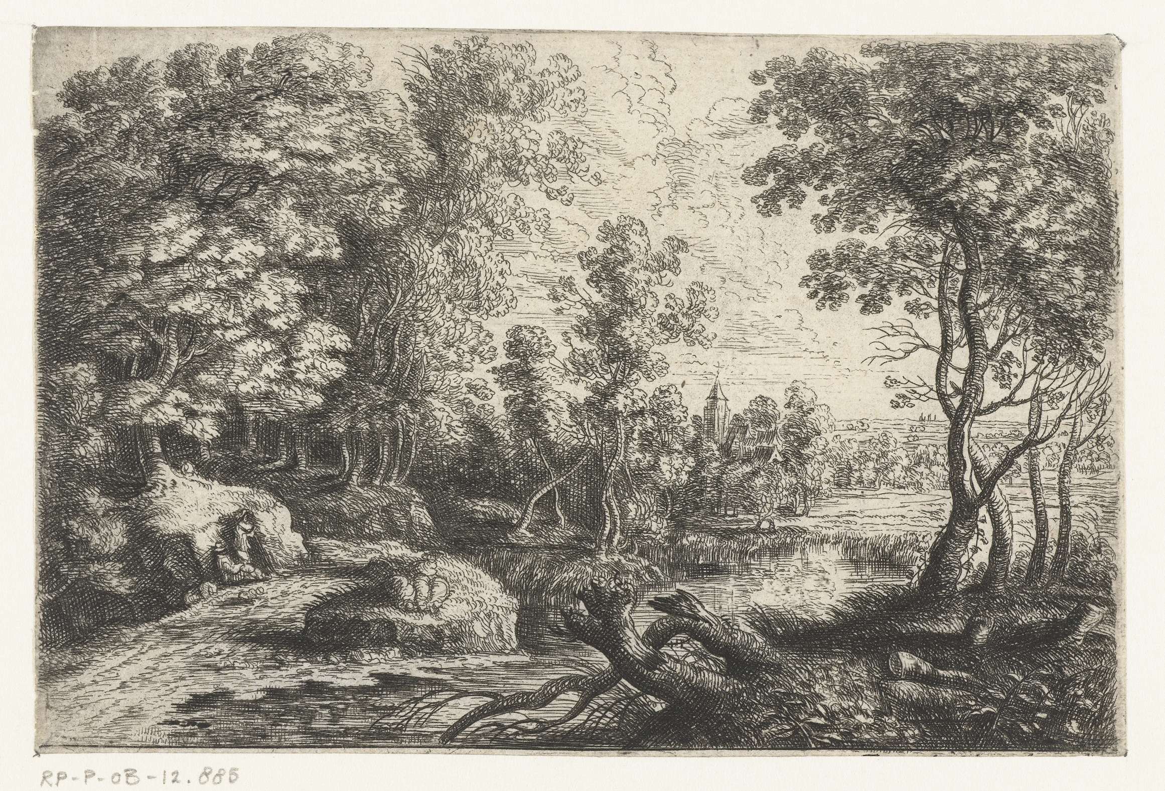 Landschap met een beek en twee mannen rustend onder een boom, etching by Lucas van Uden