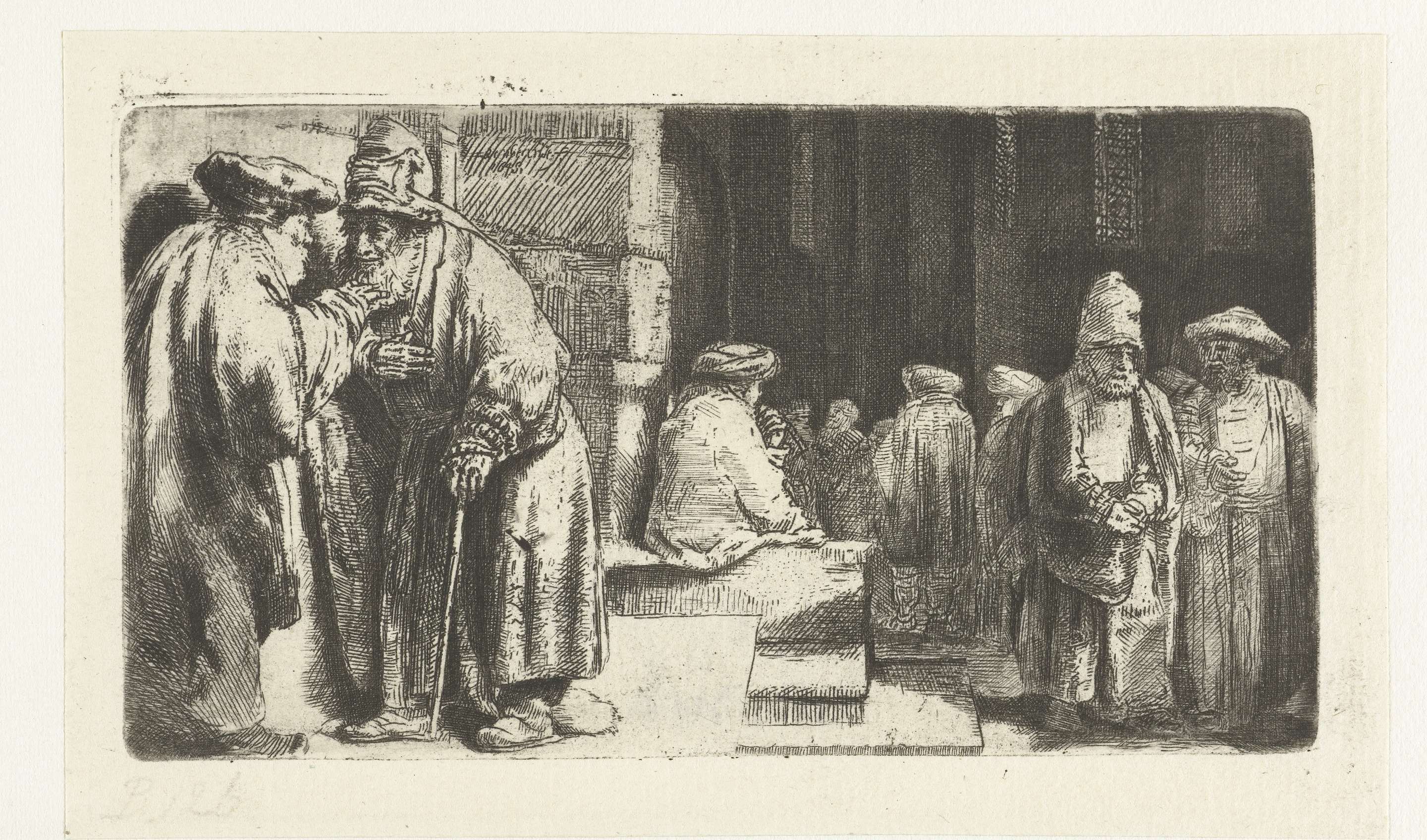 Etching by Rembrandt van Rijn depicting a synagogue scene with candlelight and a contemplative figure.