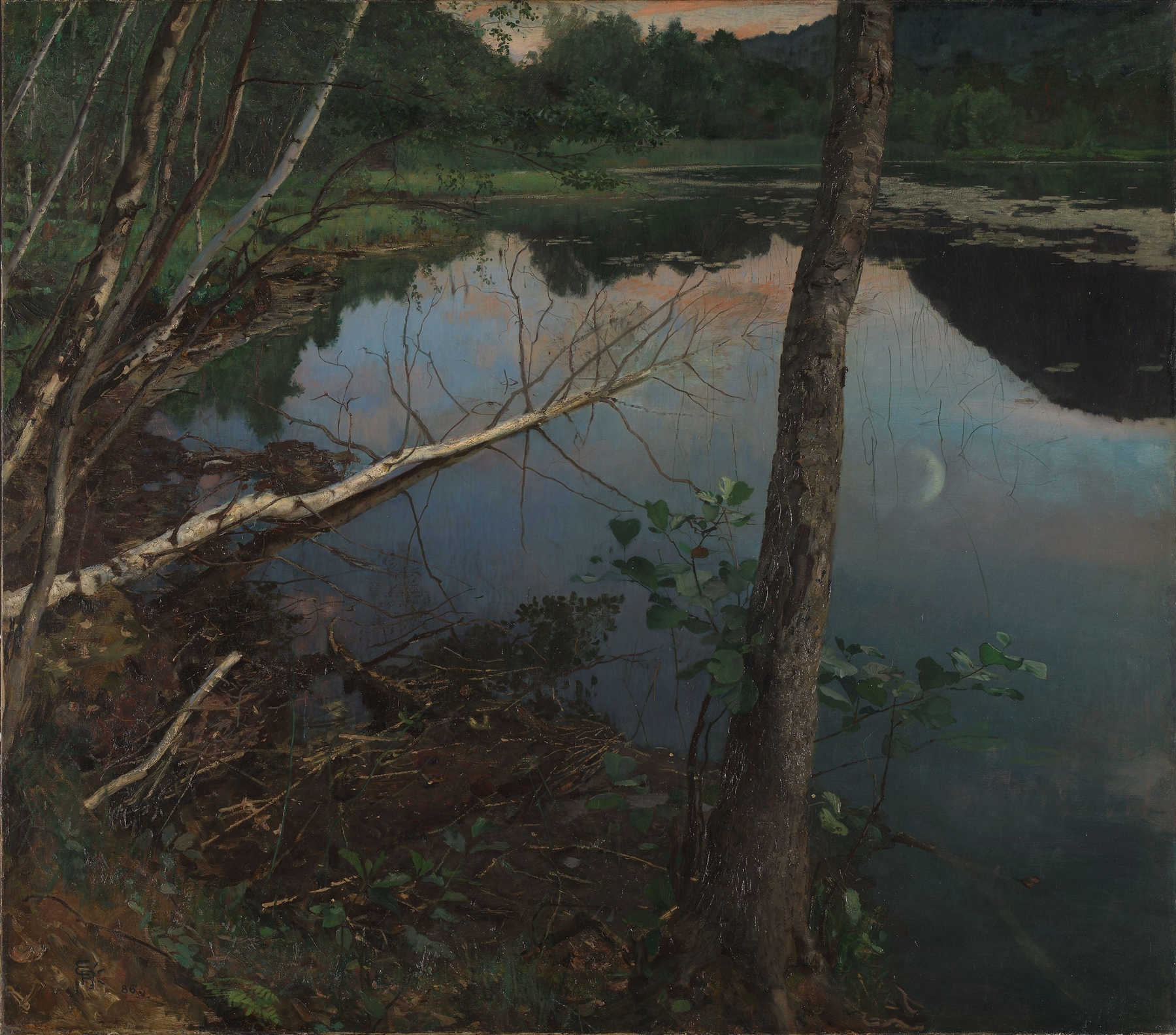 Summer Night by Eilif Peterssen, oil painting depicting a serene twilight landscape.