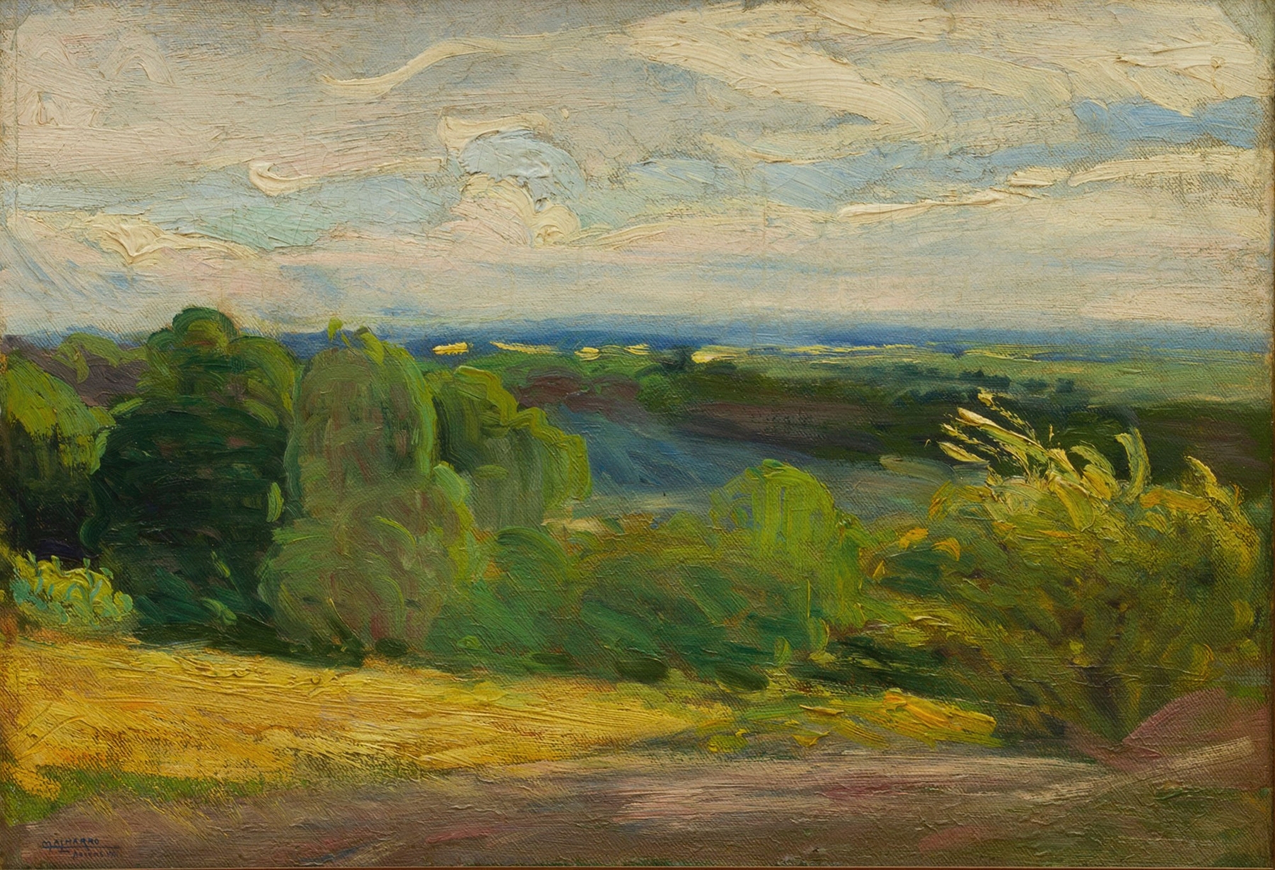 Landscape with a solitary figure in soft sunlight by Martín Malharro, Impressionism