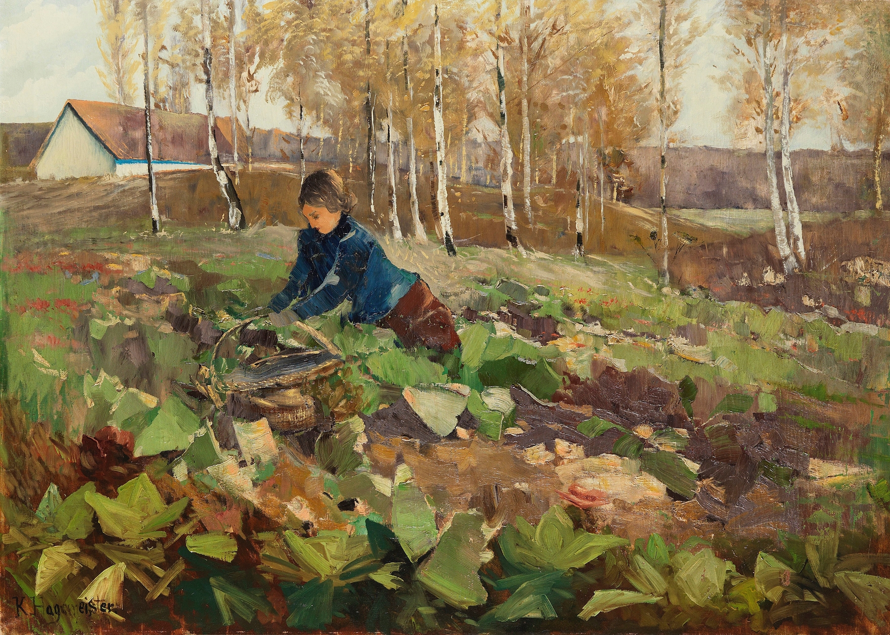 Genre scene depicting a peasant woman with beets, oil painting by Karl Hagemeister