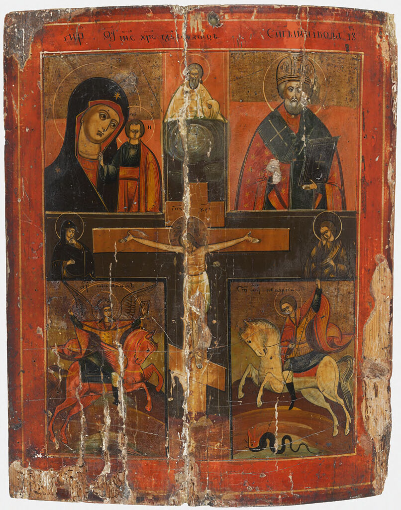 The Crucifixion, tempera on panel by an unidentified artist, featuring the Virgin and saints